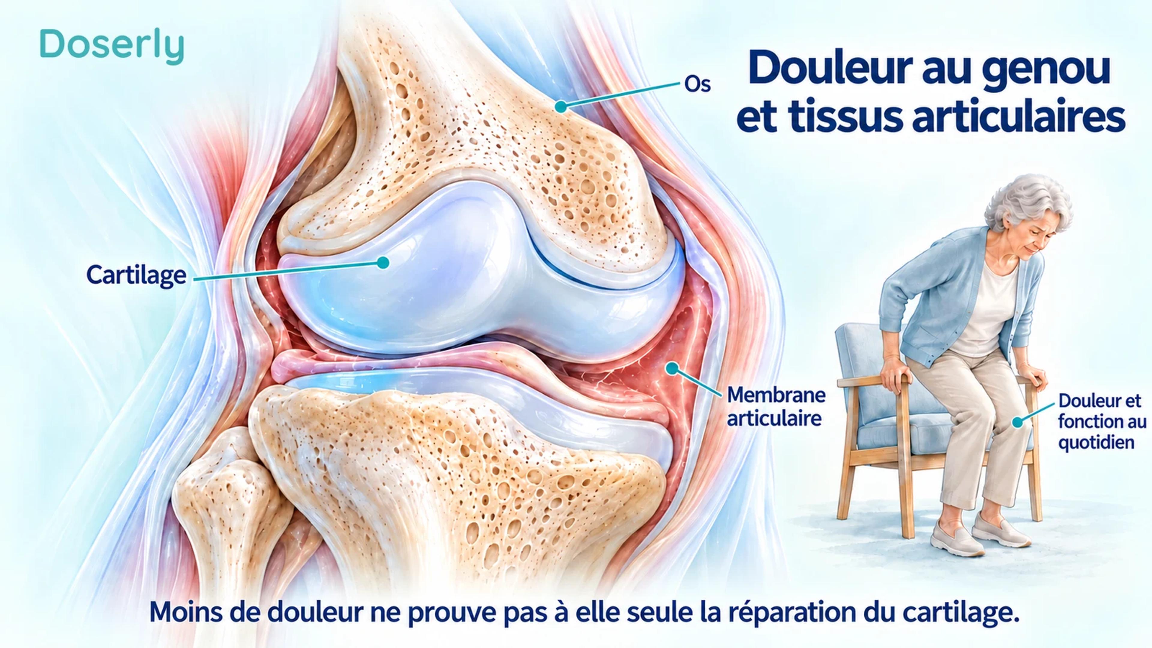 Coupe illustrée détaillée du genou montrant le cartilage, l’os et la membrane articulaire, à côté d’une petite illustration d’un adulte se levant d’une chaise.