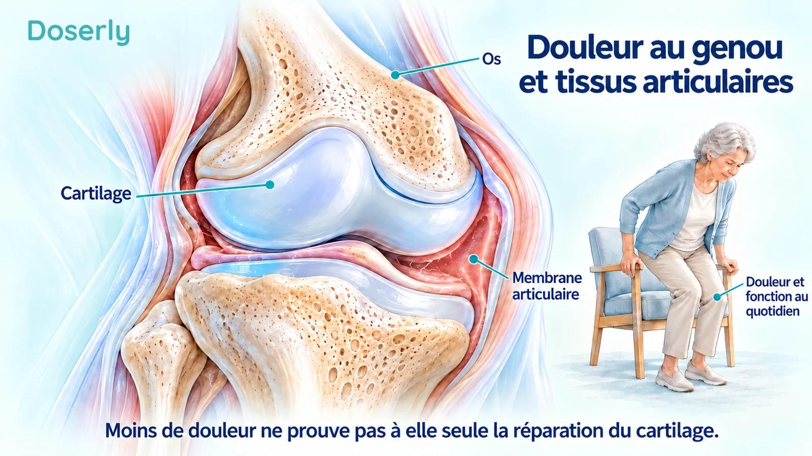 Coupe illustrée détaillée du genou montrant le cartilage, l’os et la membrane articulaire, à côté d’une petite illustration d’un adulte se levant d’une chaise.