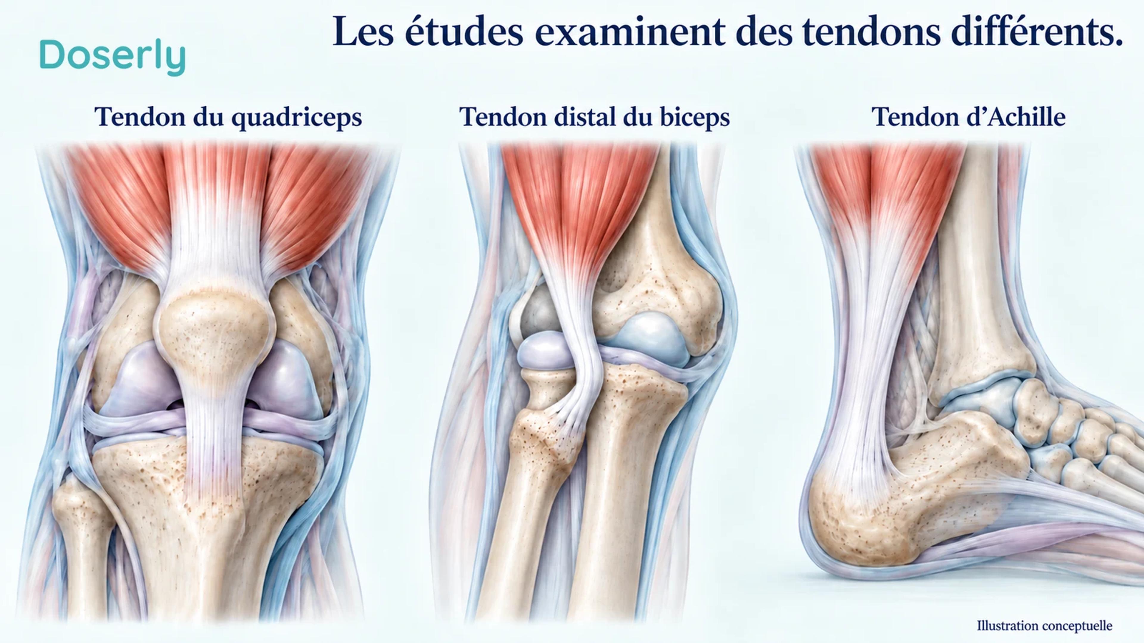 Des vues anatomiques distinctes situent le tendon du quadriceps au-dessus de la rotule, l’insertion distale du biceps près du coude et le tendon d’Achille derrière la cheville.