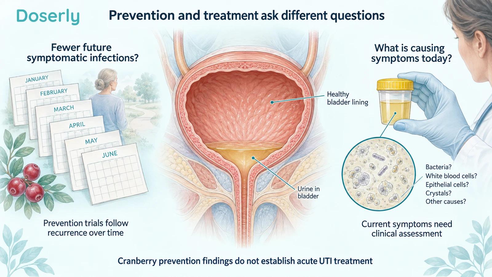 Bladder anatomy, a calendar representing recurrence follow-up and an illustrated urine specimen assessment.