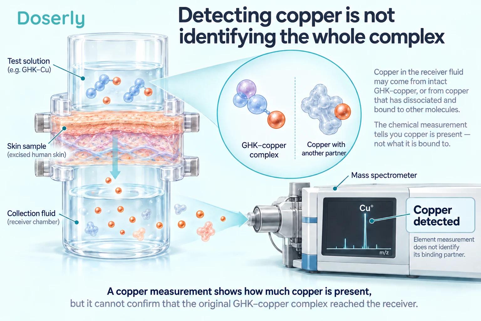 Laboratory diffusion chamber and copper analysis showing why detecting an element does not identify its molecular binding partner