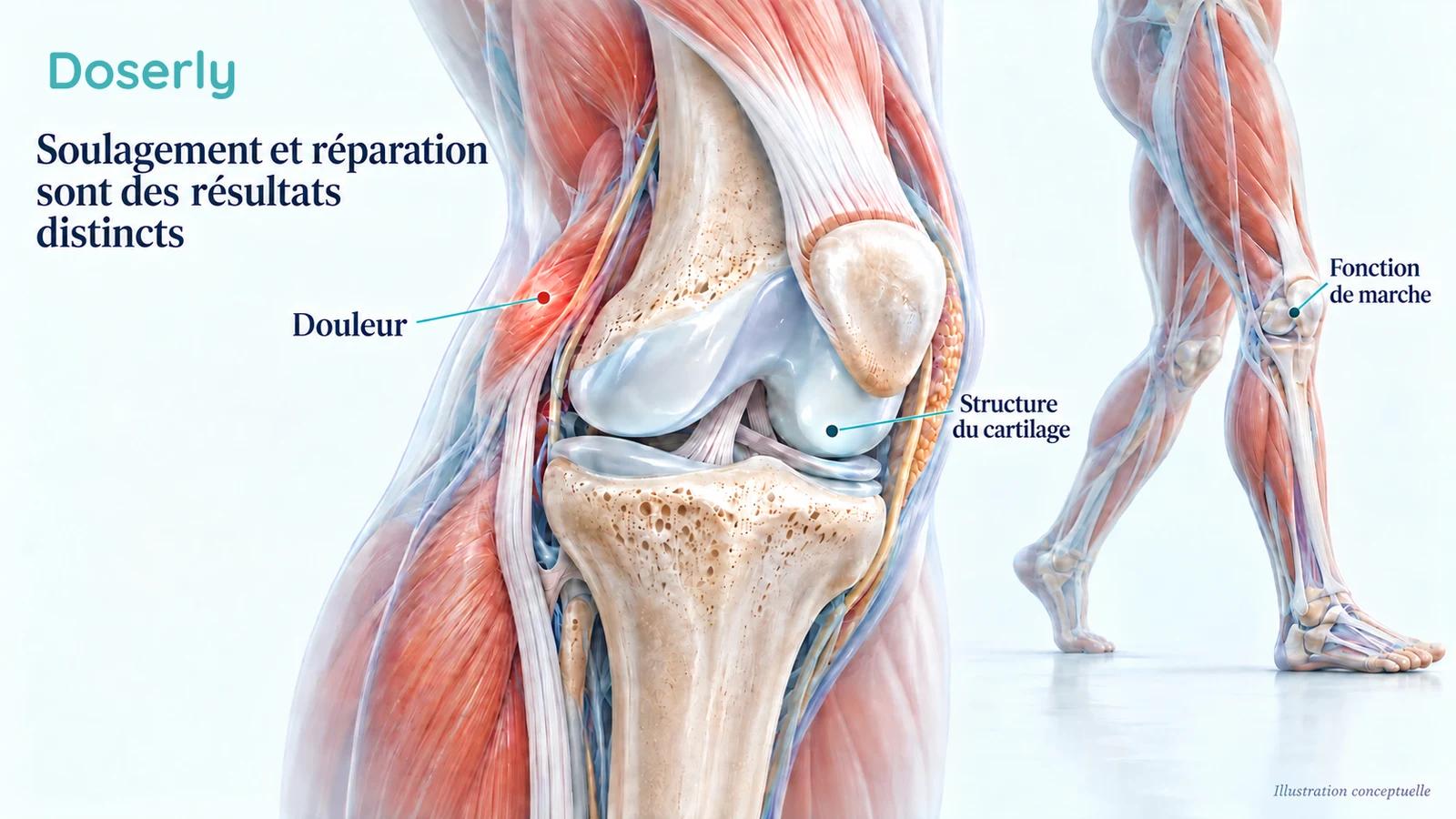 Genou et muscles environnants représentés avec des détails anatomiques, à côté de concepts distincts : douleur, fonction de marche et structure du cartilage.