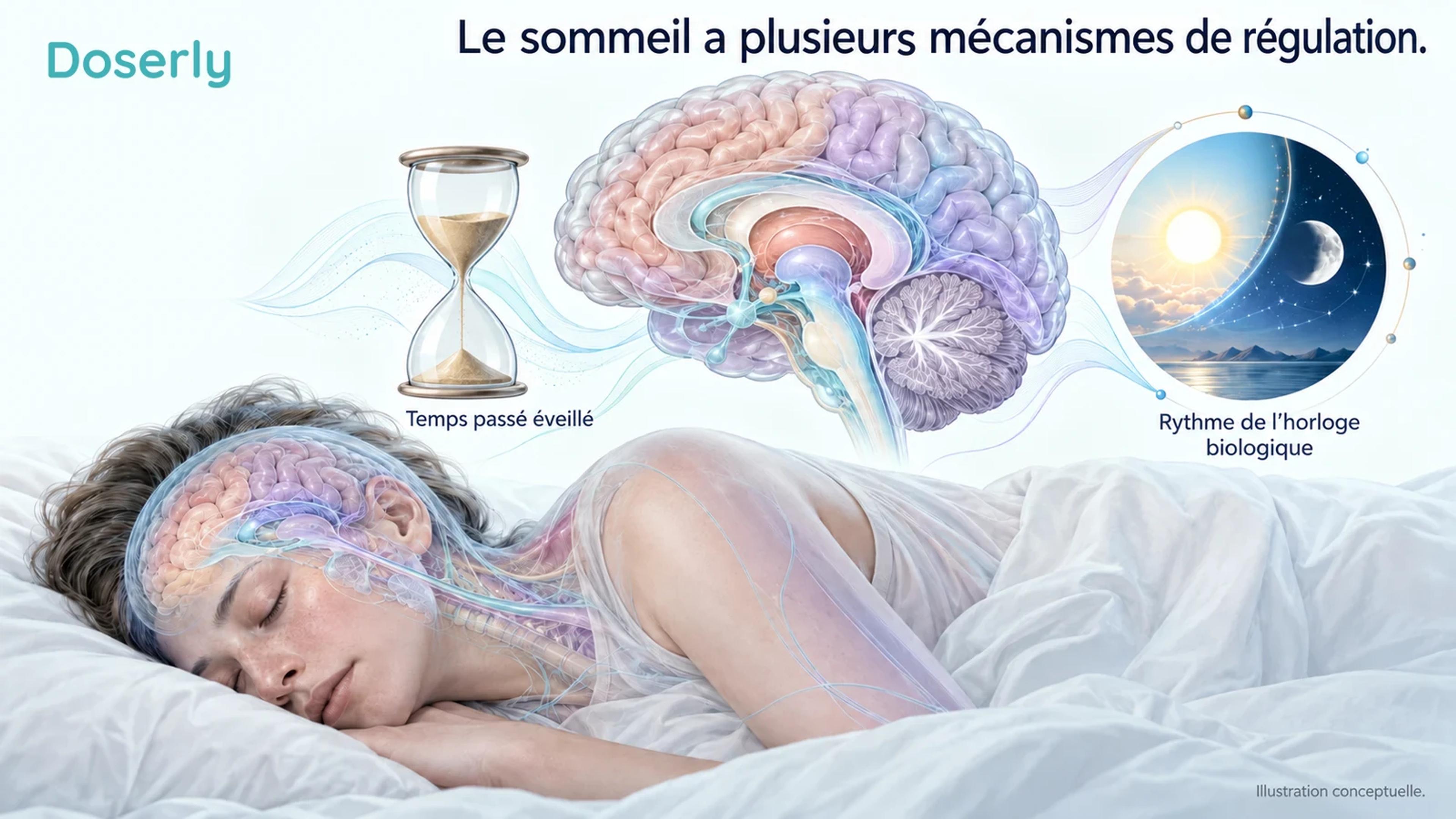 Un adulte endormi et une représentation anatomique du cerveau figurent à côté de symboles conceptuels du jour et de la nuit et du temps passé éveillé.
