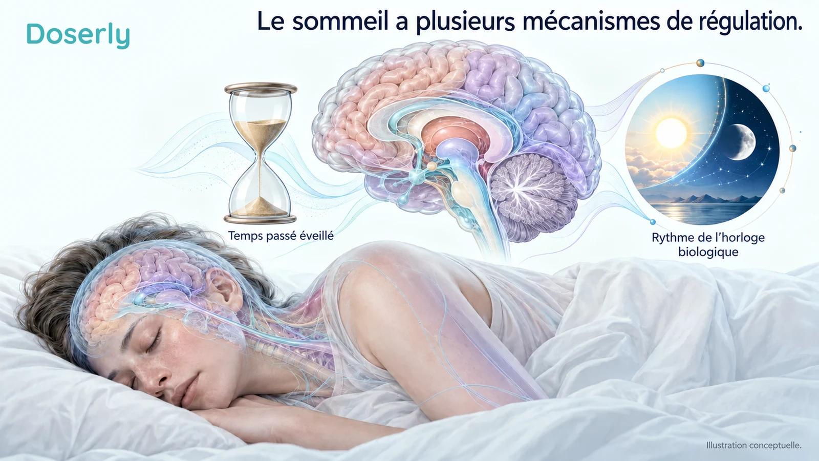 Un adulte endormi et une représentation anatomique du cerveau figurent à côté de symboles conceptuels du jour et de la nuit et du temps passé éveillé.