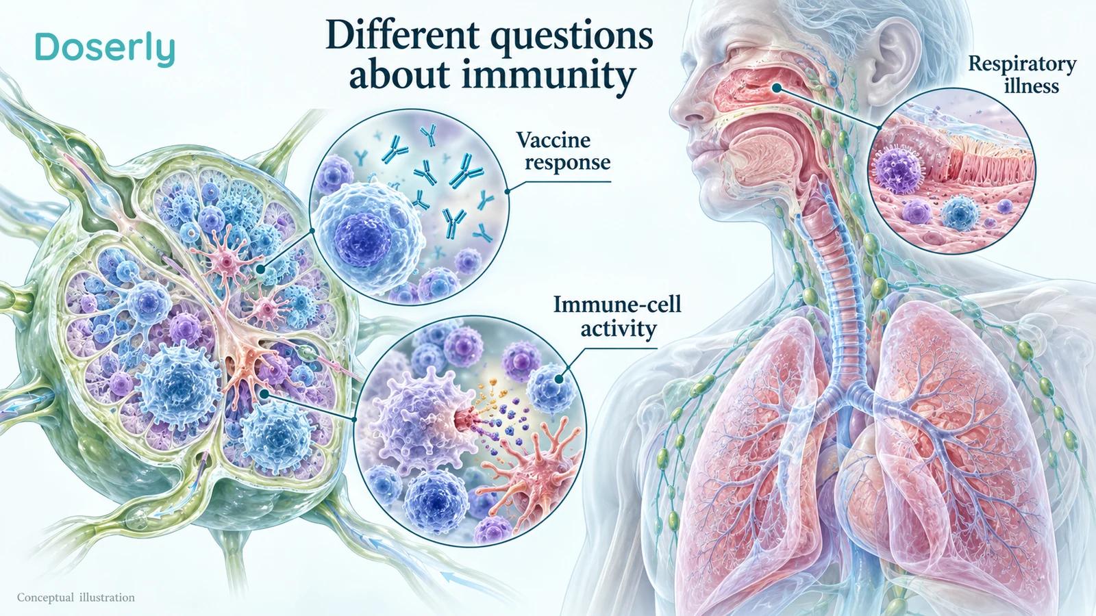 Translucent lymph node and immune cells beside a respiratory tract, distinguishing antibody response from infection outcomes.