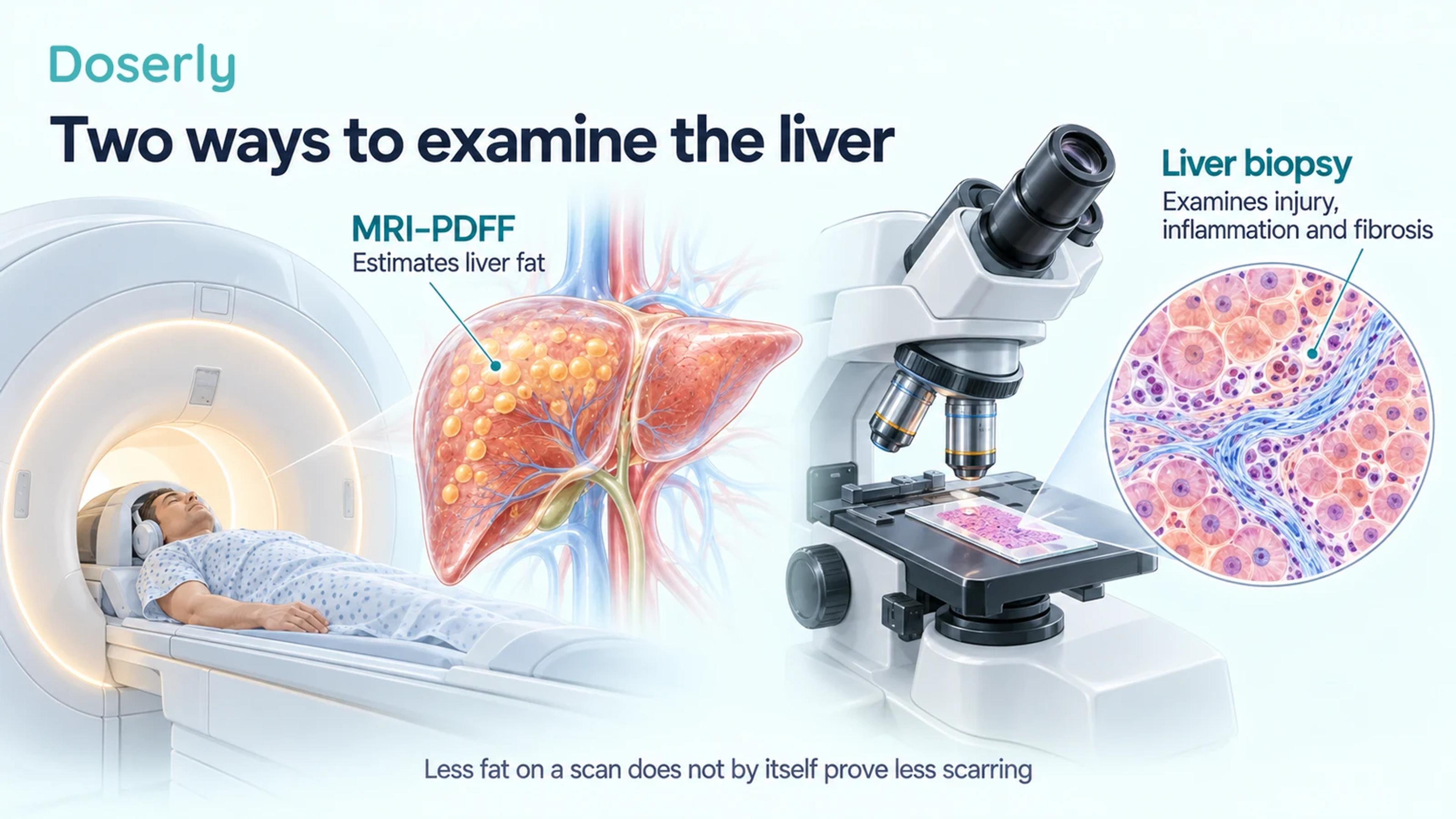 MRI liver-fat measurement beside a microscope and illustrated liver-tissue sample.