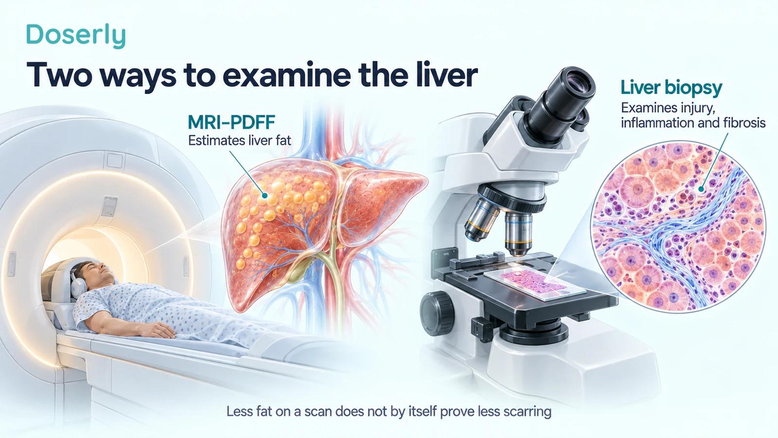 MRI liver-fat measurement beside a microscope and illustrated liver-tissue sample.