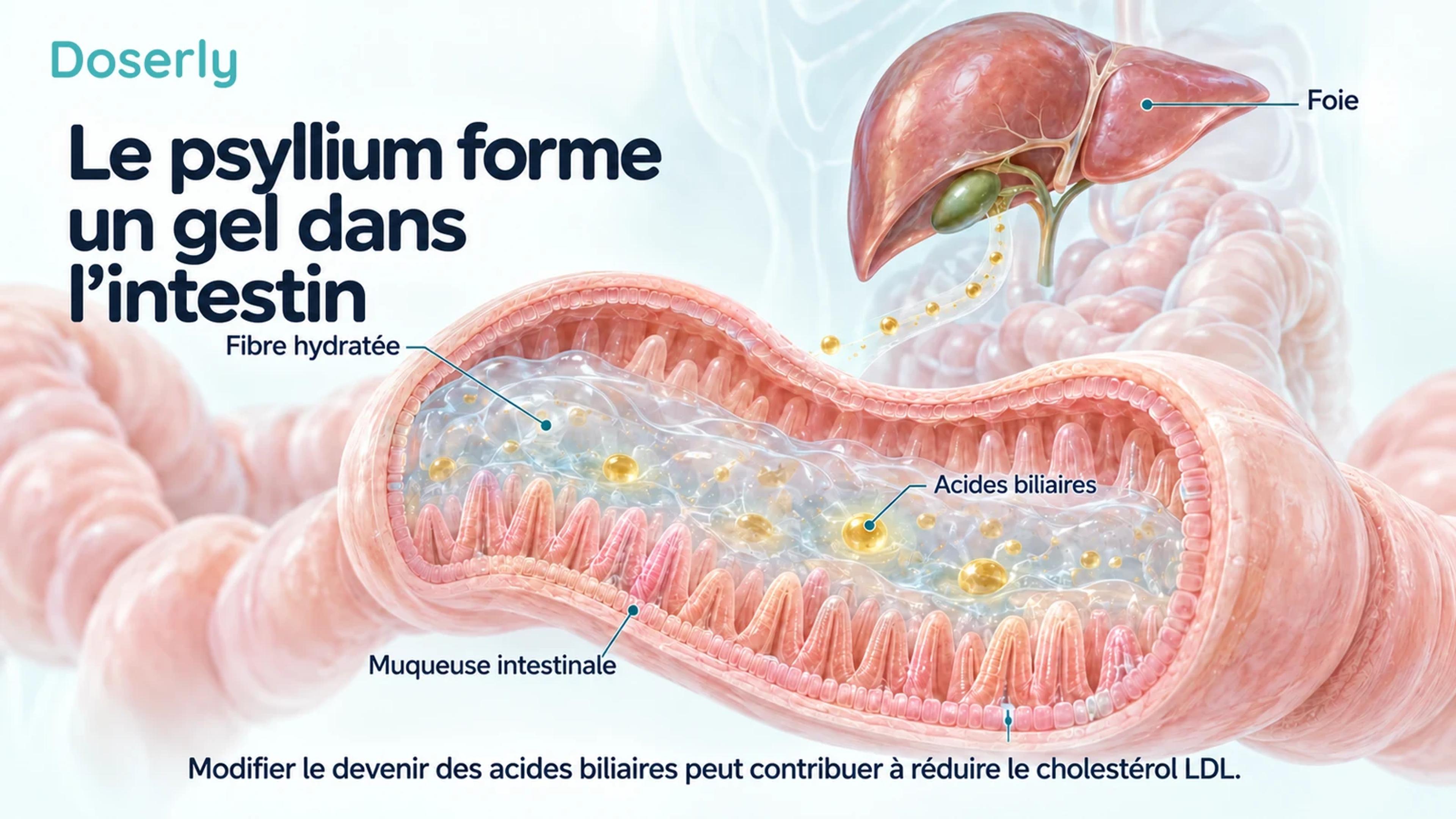 Gel de psyllium hydraté dans un segment intestinal schématique, avec des acides biliaires et une illustration distincte du foie.