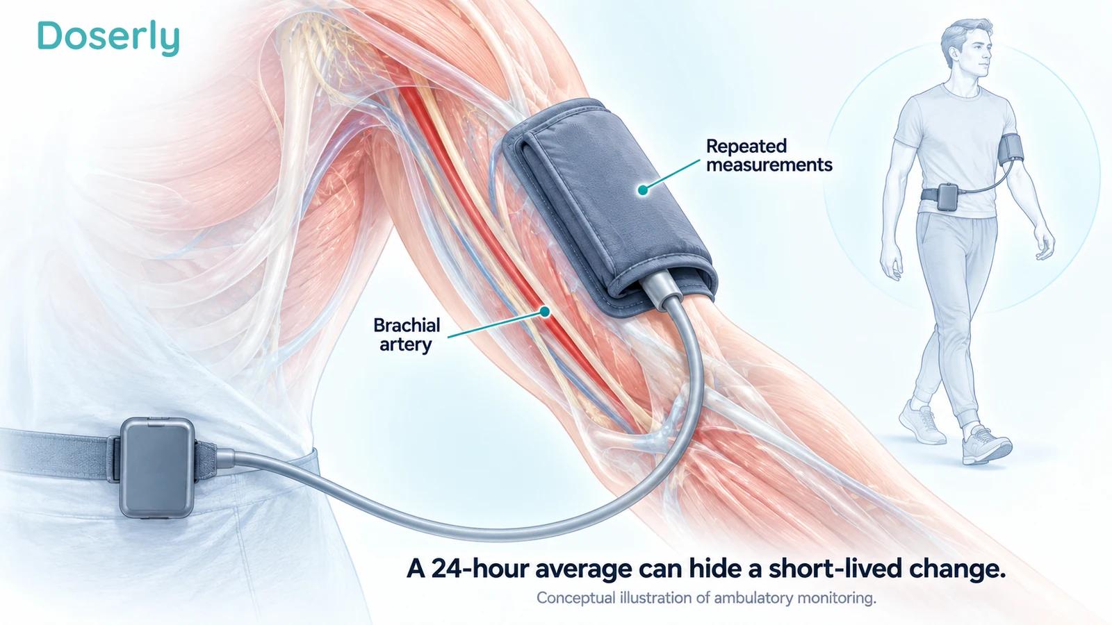 Detailed upper-arm arterial anatomy with a monitoring cuff and recorder, beside a small illustrated adult wearing the device.