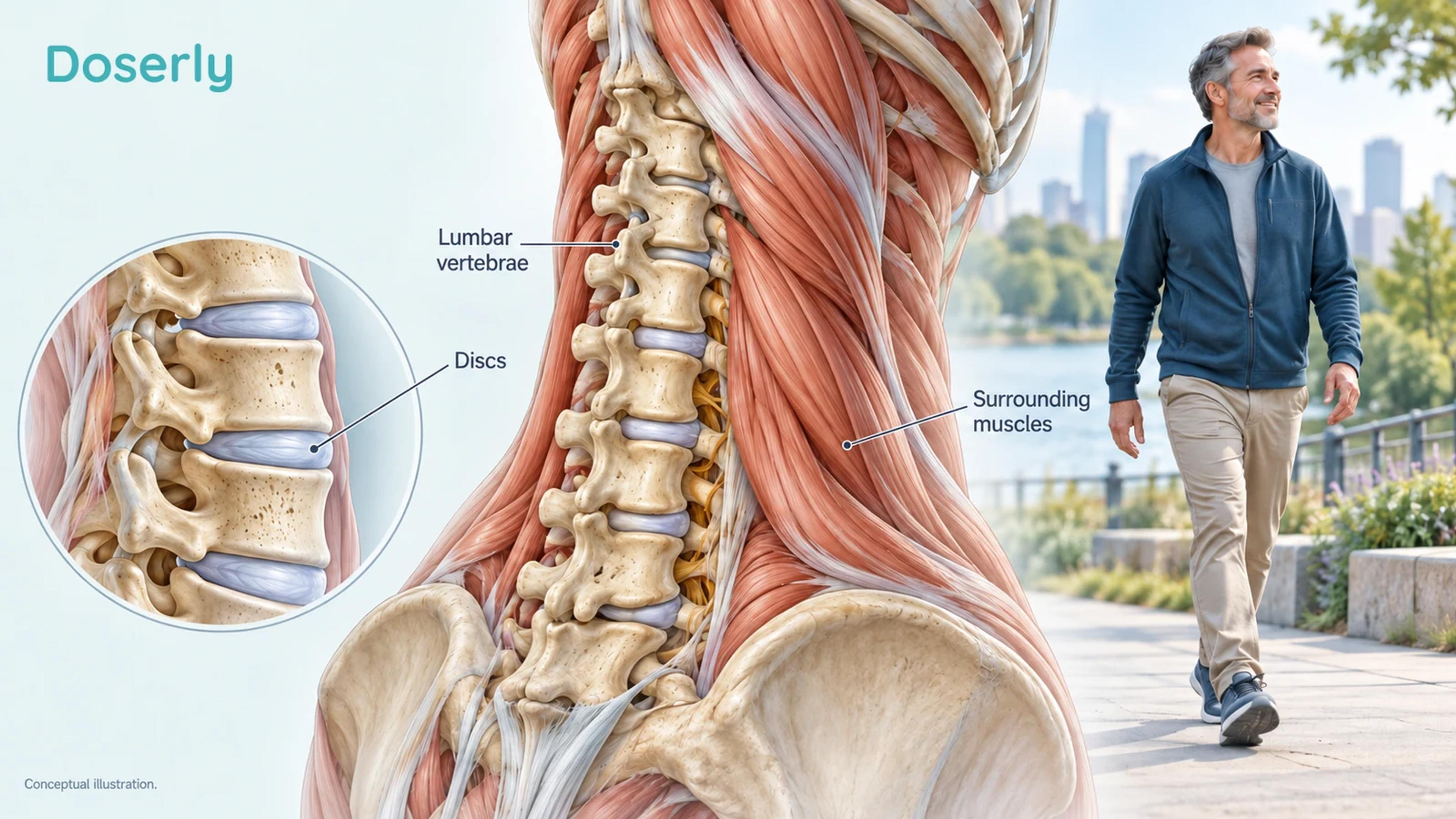 Conceptual lower-back anatomy showing lumbar vertebrae, discs and surrounding muscles beside a fully clothed person walking.