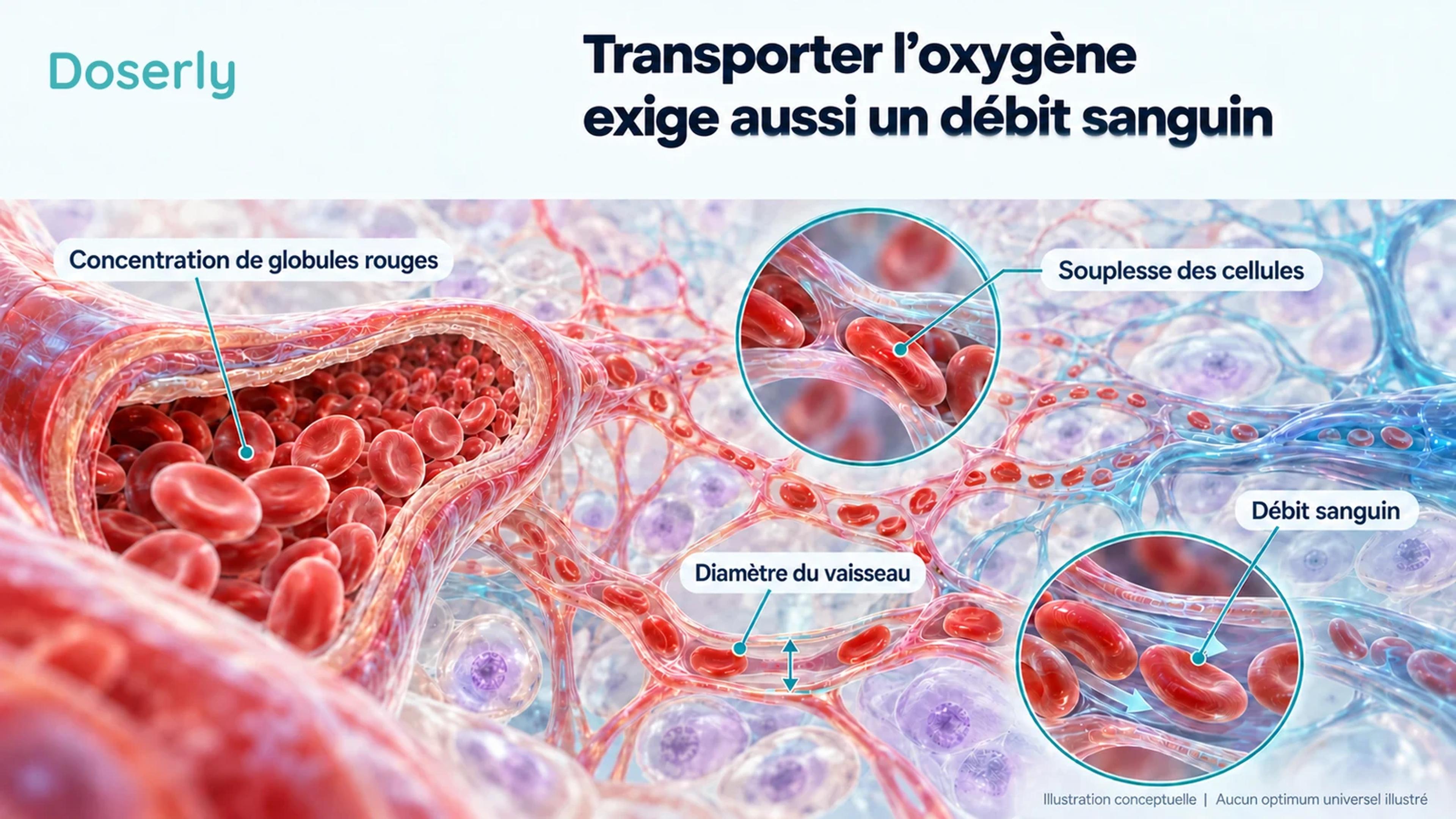 Des globules rouges circulant dans des vaisseaux ramifiés illustrent comment la concentration, la souplesse et la taille des vaisseaux influencent toutes le débit sanguin.