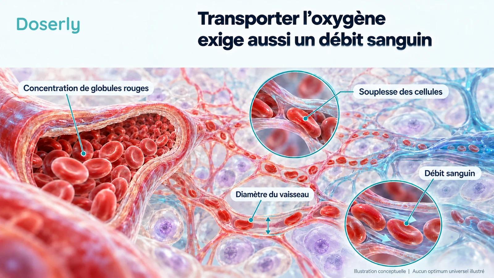 Des globules rouges circulant dans des vaisseaux ramifiés illustrent comment la concentration, la souplesse et la taille des vaisseaux influencent toutes le débit sanguin.