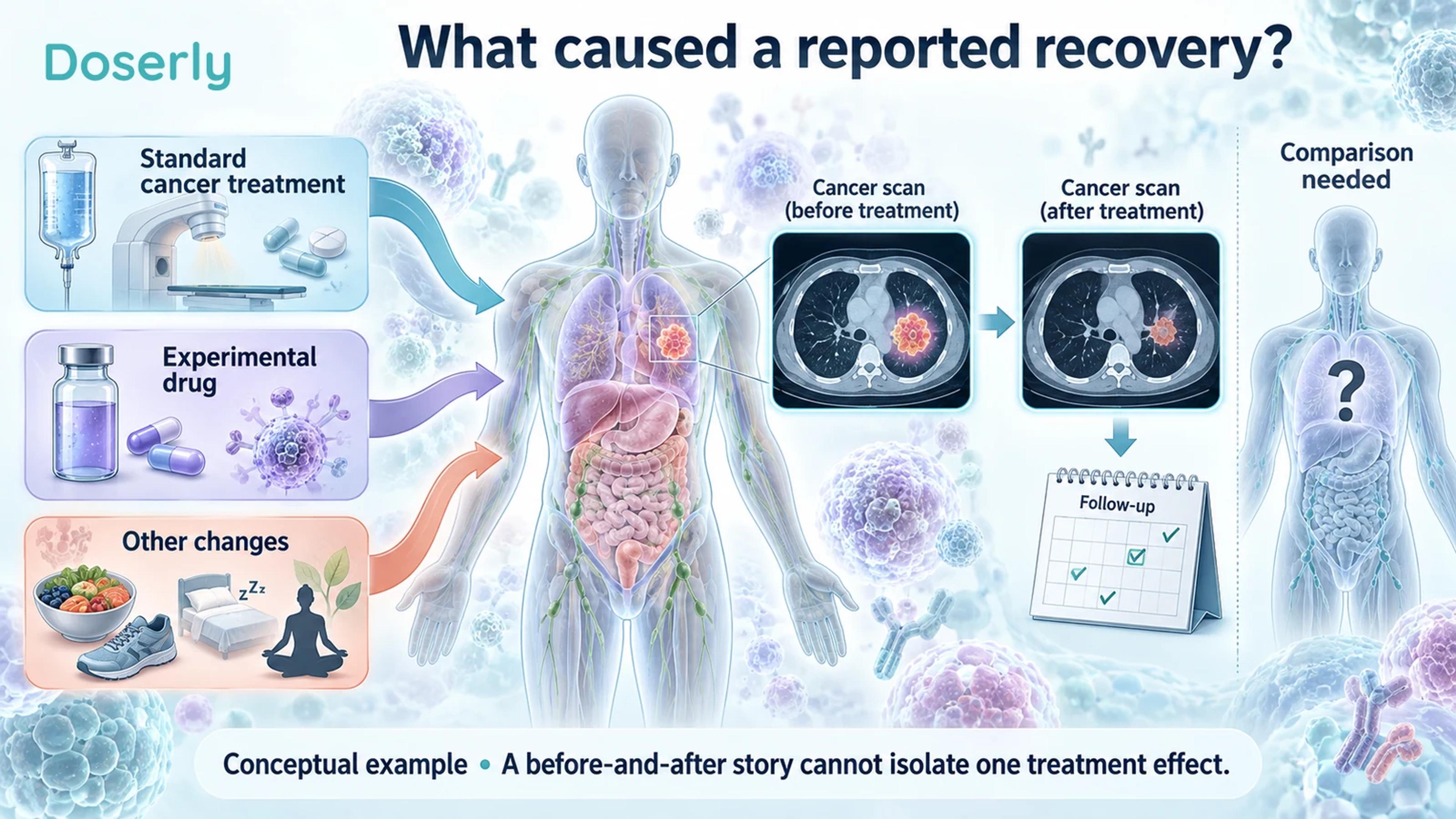 Conceptual treatment timeline showing conventional treatment, an experimental medicine and other changes converging before an improved follow-up scan.
