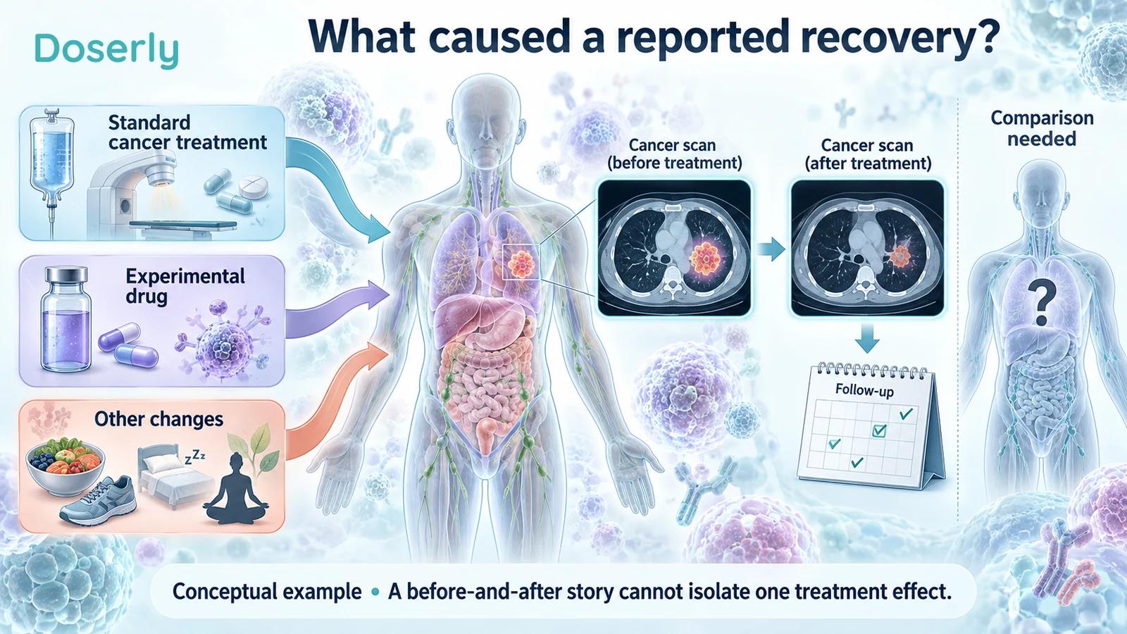 Conceptual treatment timeline showing conventional treatment, an experimental medicine and other changes converging before an improved follow-up scan.