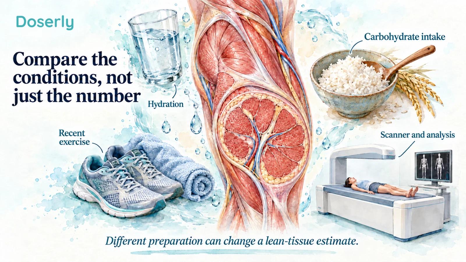 A detailed muscle illustration is surrounded by water, exercise equipment, rice, and a scanner to explain factors affecting scan comparisons.