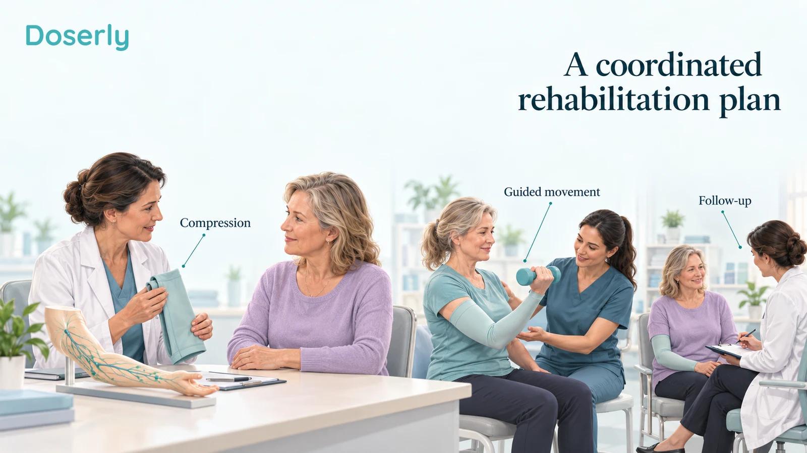 A clinician discusses an arm compression sleeve with a breast cancer survivor beside a small rehabilitation exercise scene.