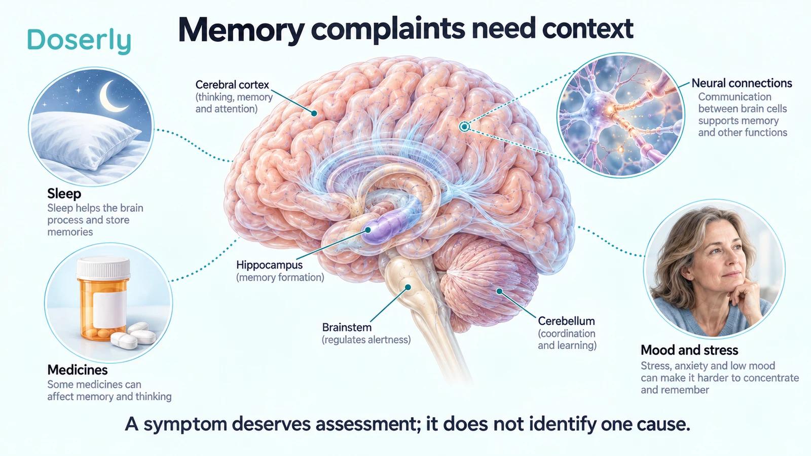 A conceptual brain illustration places memory-related anatomy alongside sleep, medicines, mood and stress as factors to discuss during assessment.