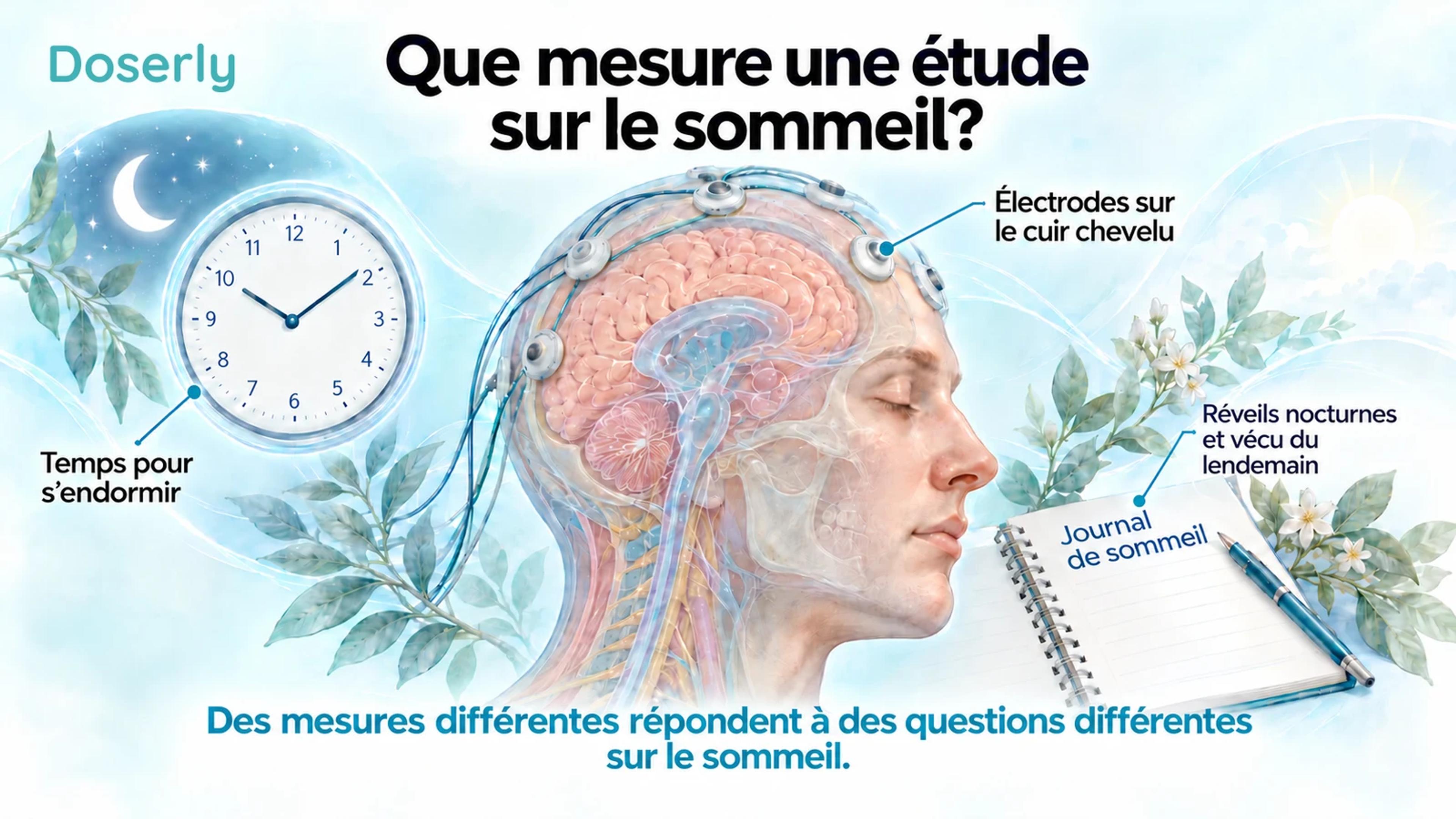 Une illustration anatomique de la tête avec des électrodes sur le cuir chevelu, une horloge et un journal de sommeil distinguent plusieurs mesures du sommeil.