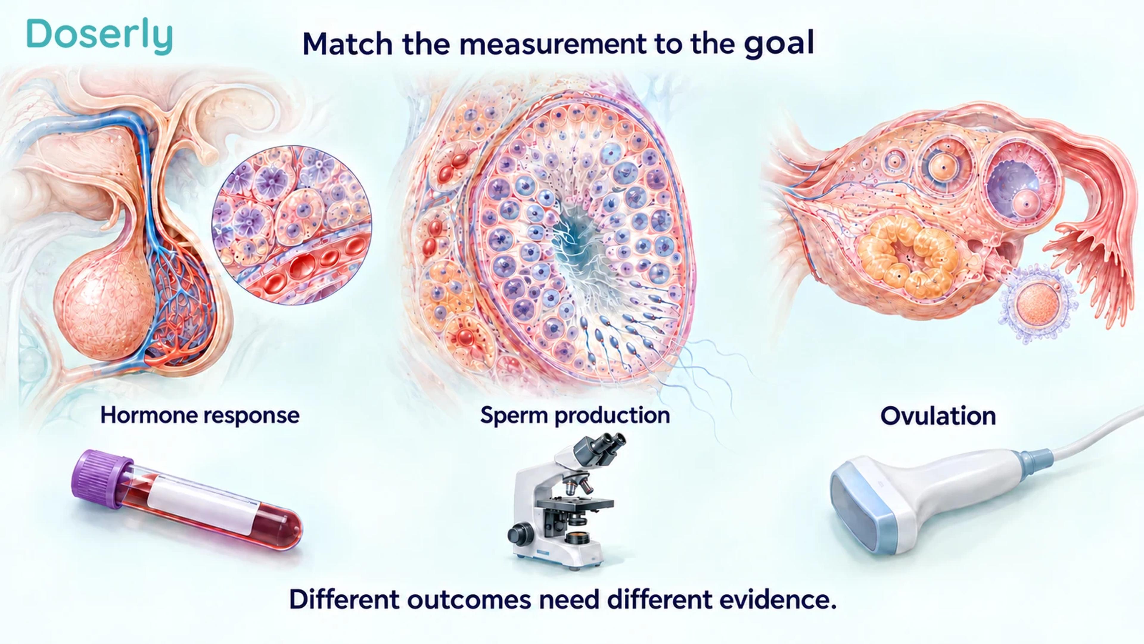 Detailed pituitary tissue, a sperm-producing tubule and an ovary, with blood sampling, microscopy and ultrasound tools representing different reproductive endpoints.