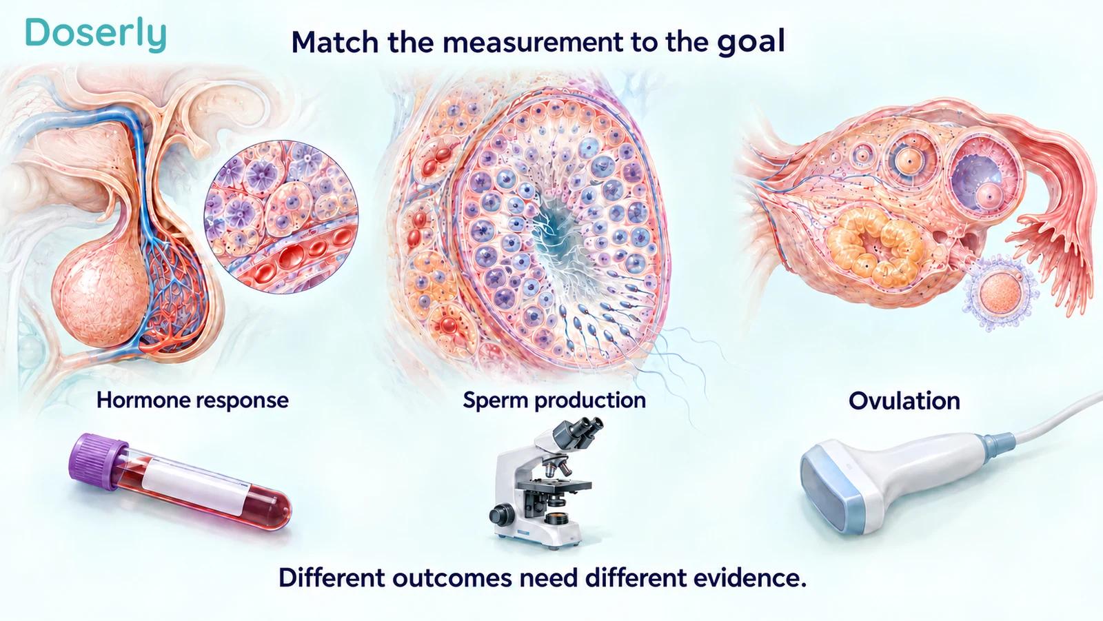 Detailed pituitary tissue, a sperm-producing tubule and an ovary, with blood sampling, microscopy and ultrasound tools representing different reproductive endpoints.