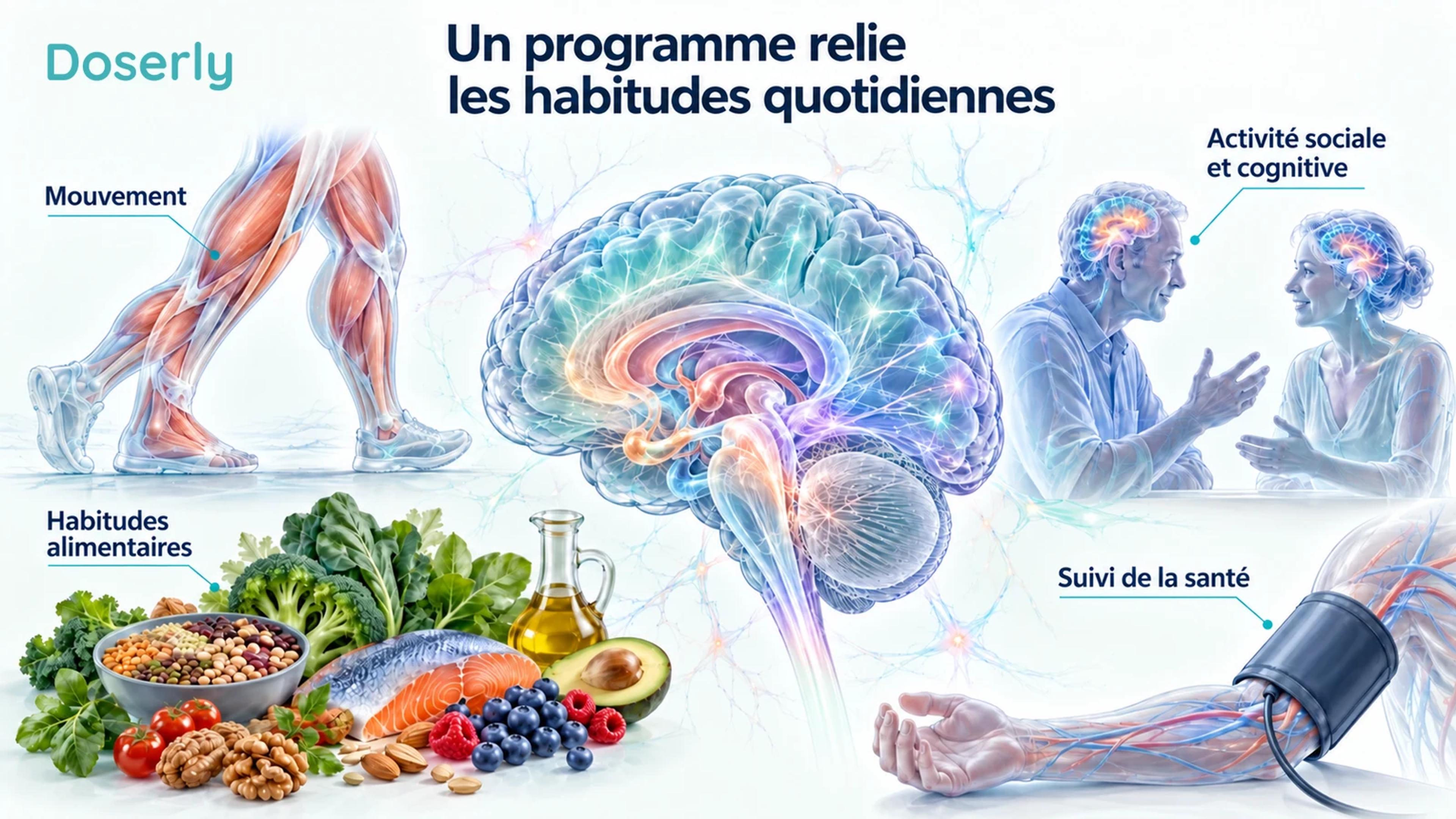 Cerveau conceptuel entouré d’éléments représentant le mouvement, des aliments variés, la conversation et le suivi cardiovasculaire.