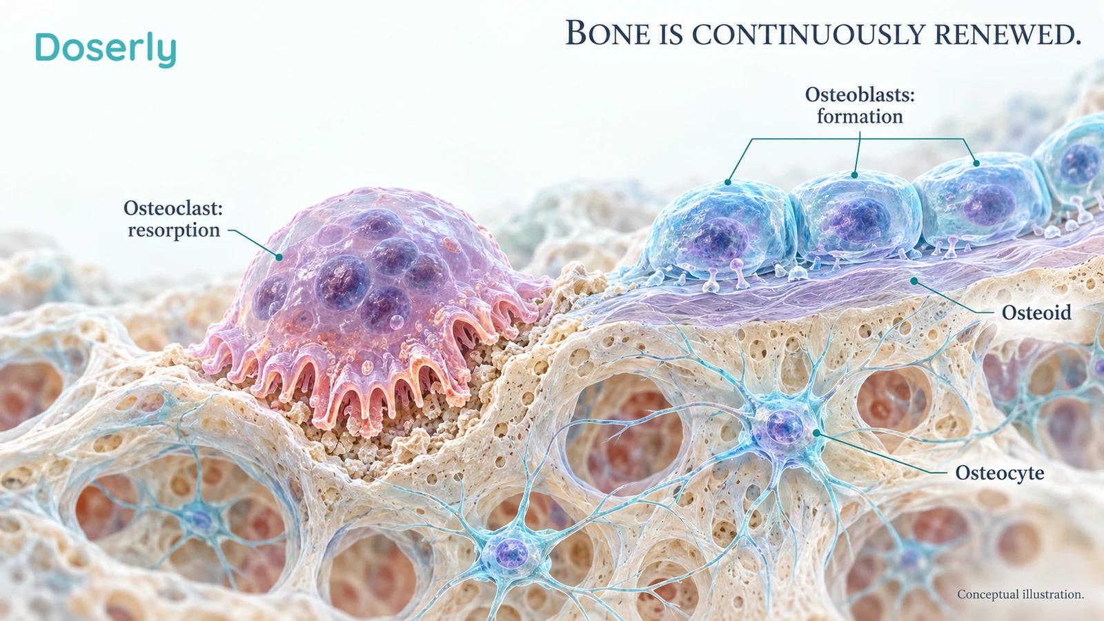 Detailed bone remodeling surface showing an osteoclast resorption zone, osteoblast bone formation and osteocytes within mineralized matrix