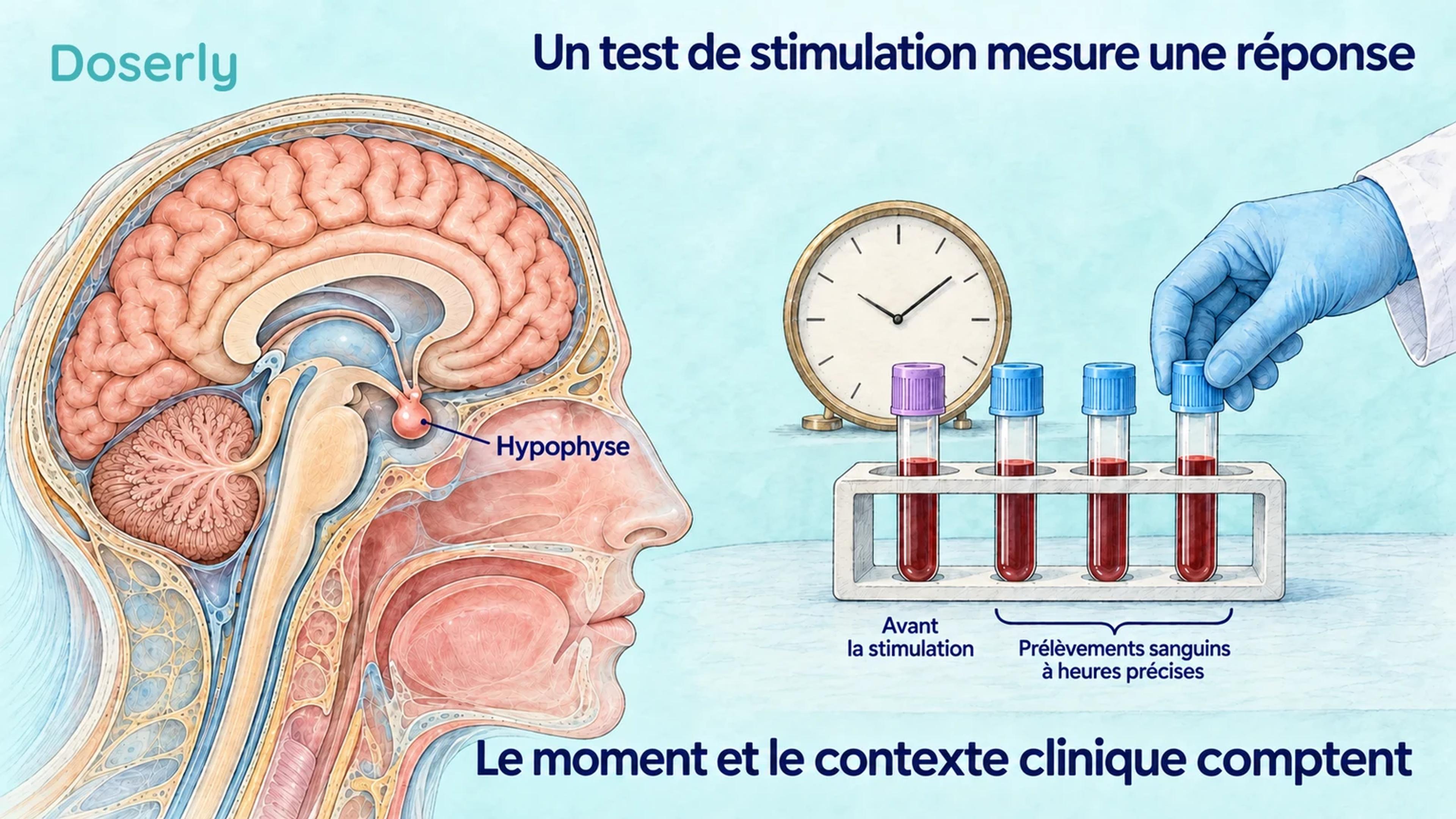 Anatomie détaillée du cerveau et de l’hypophyse à côté d’un support d’échantillons sanguins et d’une horloge, illustrant les prélèvements avant et après une stimulation.