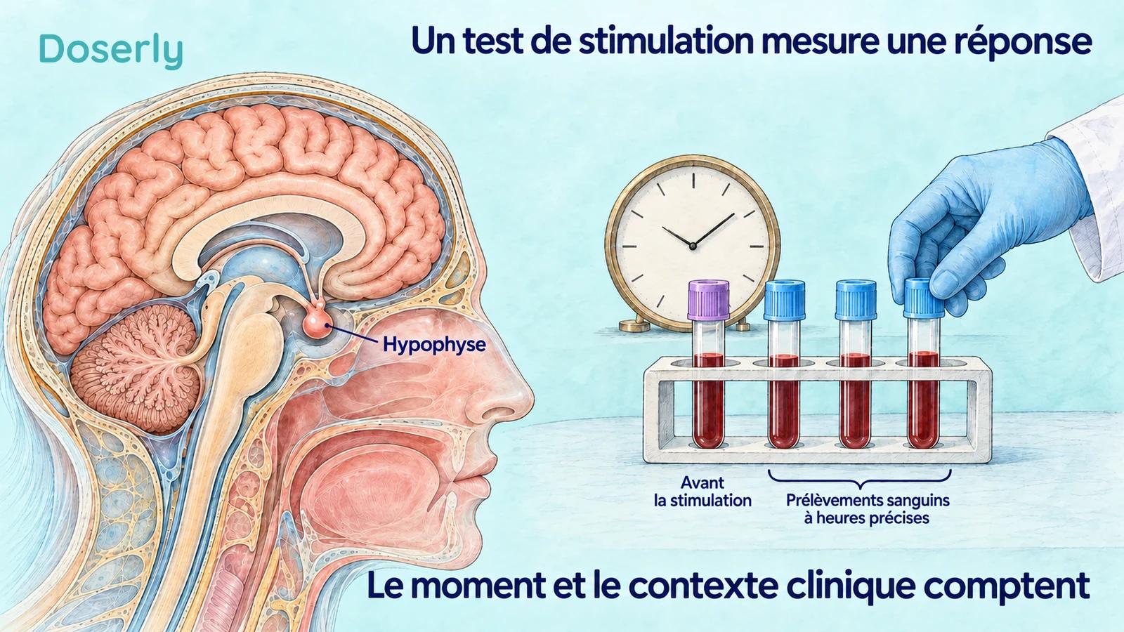 Anatomie détaillée du cerveau et de l’hypophyse à côté d’un support d’échantillons sanguins et d’une horloge, illustrant les prélèvements avant et après une stimulation.