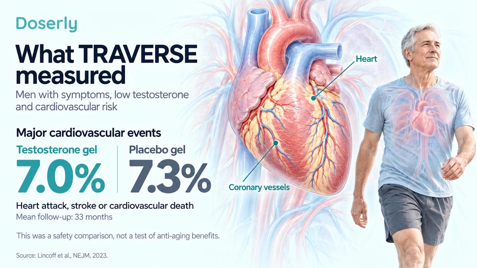 Detailed heart illustration beside TRAVERSE major cardiovascular event proportions of 7.0 percent with testosterone gel and 7.3 percent with placebo gel.