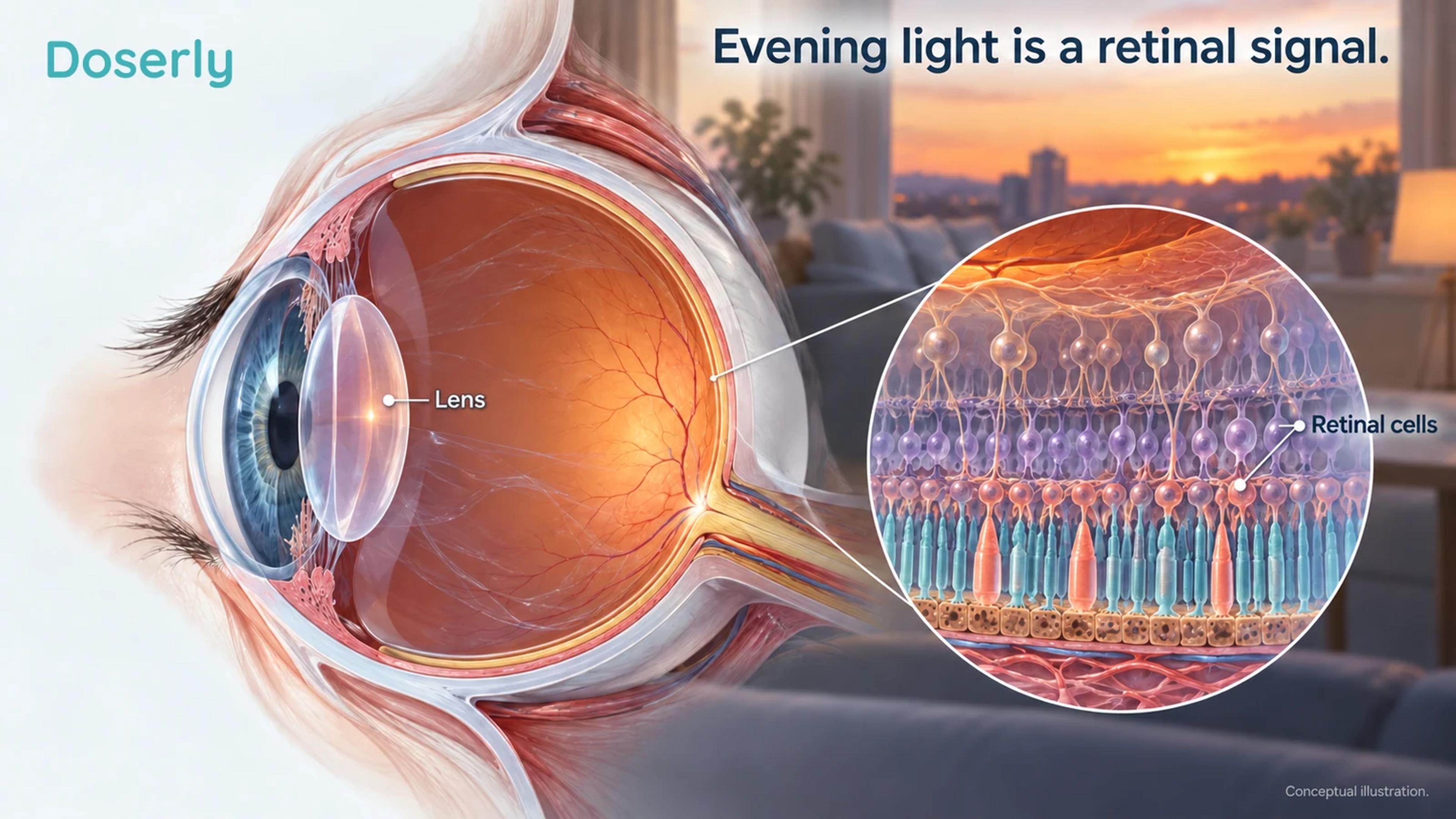 A side-view eye cutaway and retinal layers illustrate how environmental light reaches light-sensitive tissue.