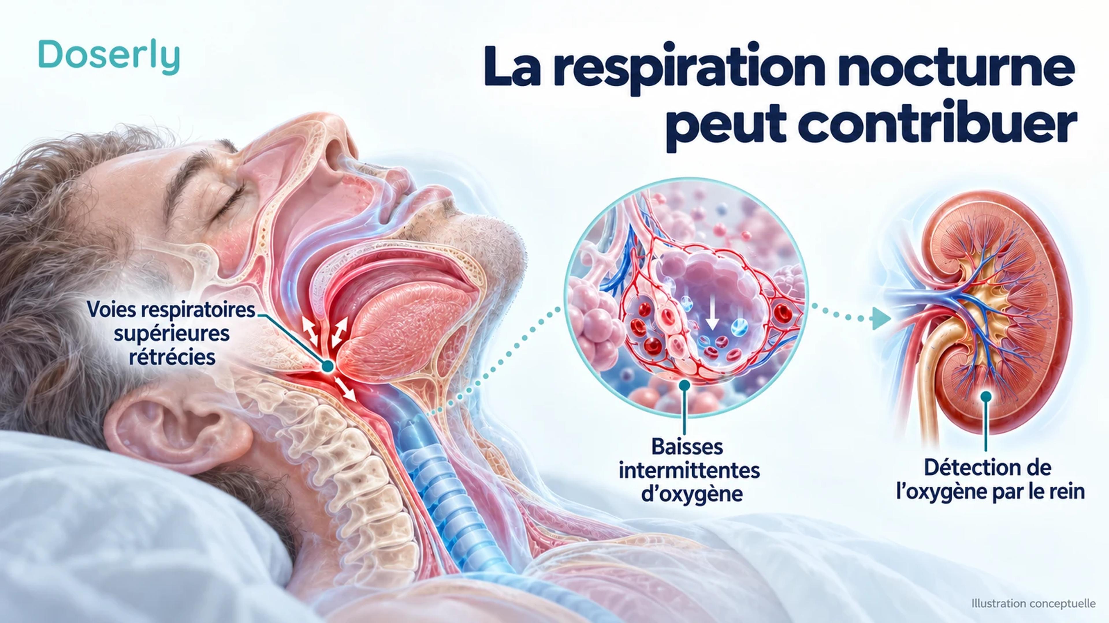 Des voies respiratoires supérieures rétrécies pendant le sommeil et un encadré montrant un rein illustrent comment des baisses intermittentes d’oxygène peuvent contribuer à stimuler les globules rouges.