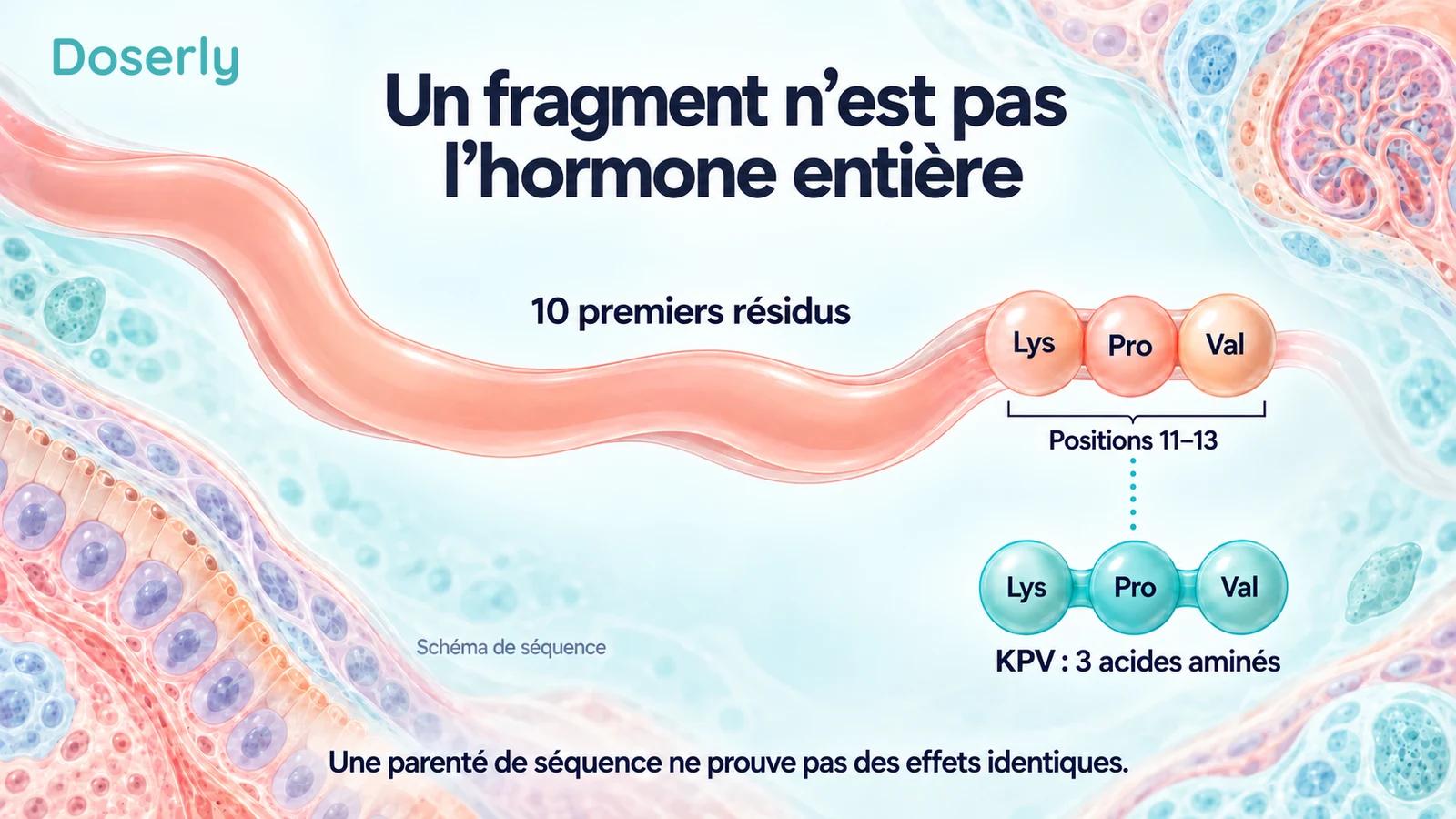 Un ruban symbolisant le peptide d’origine, avec les unités terminales Lys-Pro-Val, au-dessus d’une chaîne isolée de KPV à trois unités.
