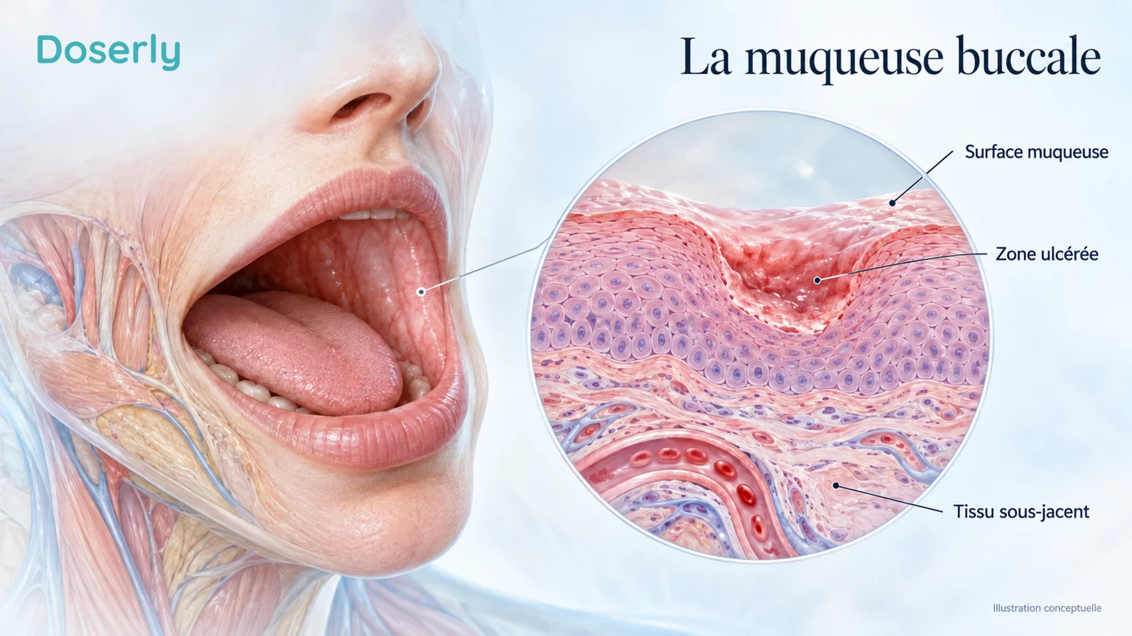 Anatomie buccale conceptuelle à côté d’une surface muqueuse agrandie montrant un ulcère peu profond et le tissu conjonctif sous-jacent.