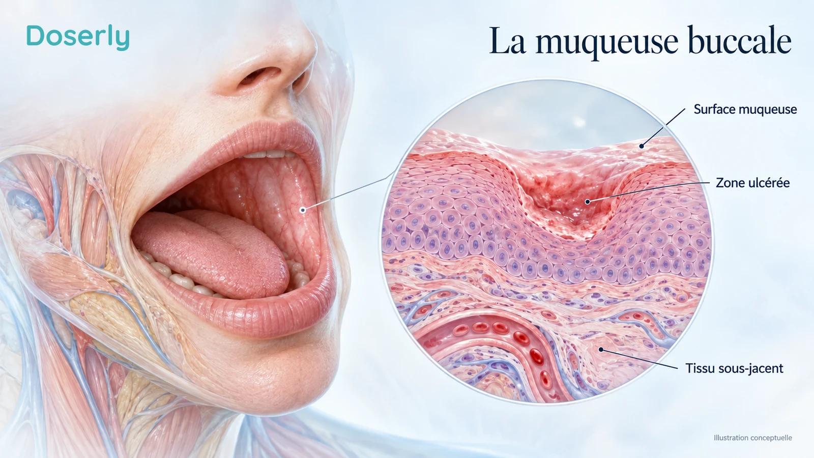 Anatomie buccale conceptuelle à côté d’une surface muqueuse agrandie montrant un ulcère peu profond et le tissu conjonctif sous-jacent.