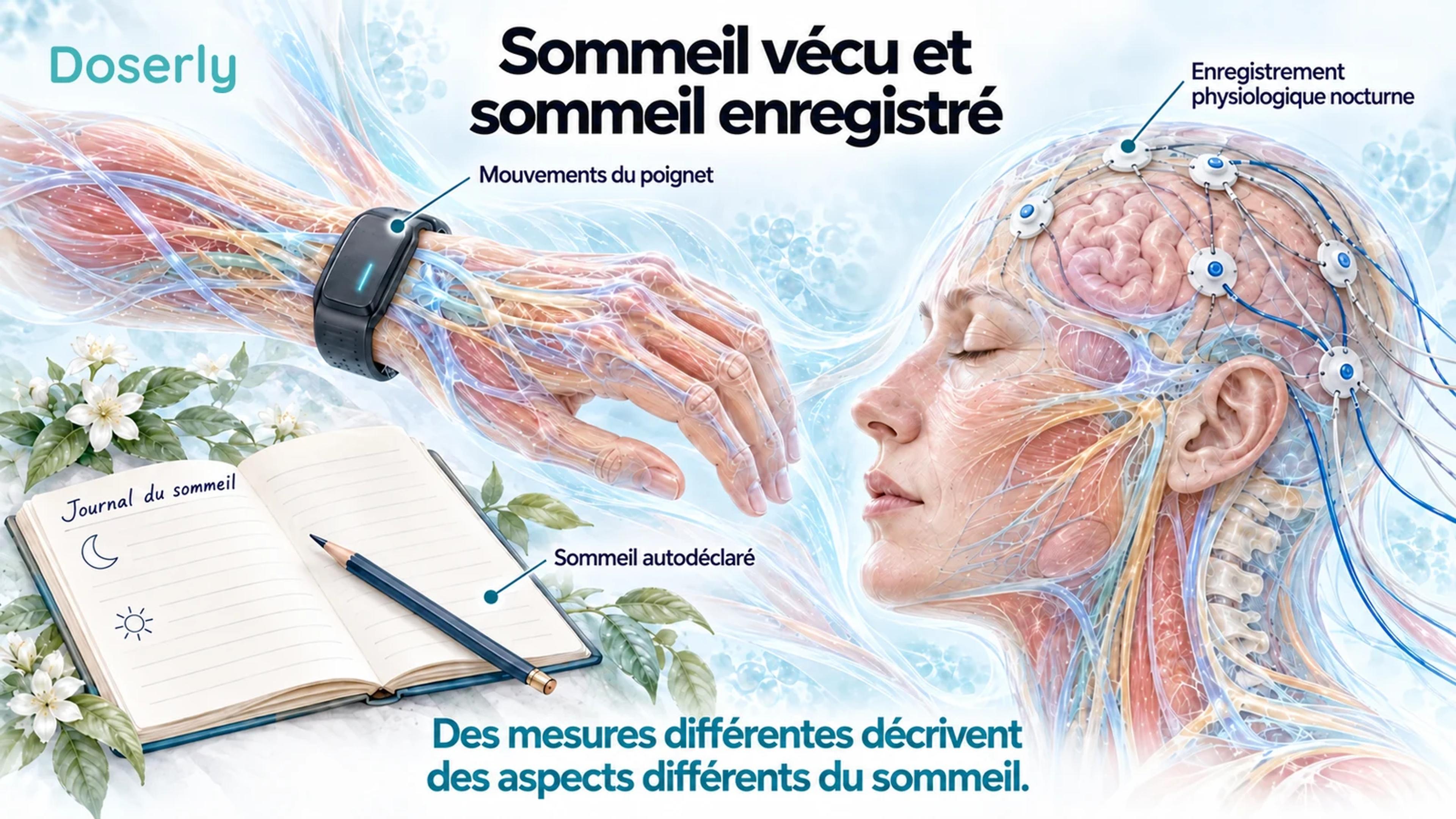 Une illustration anatomique d’un capteur au poignet, d’électrodes sur le cuir chevelu et d’un journal du sommeil distingue les mouvements, l’enregistrement physiologique et le sommeil autodéclaré.