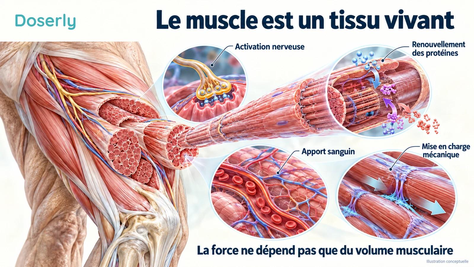 Anatomie du muscle squelettique avec gros plans sur l’activation nerveuse, le renouvellement des protéines, l’apport sanguin et la mise en charge