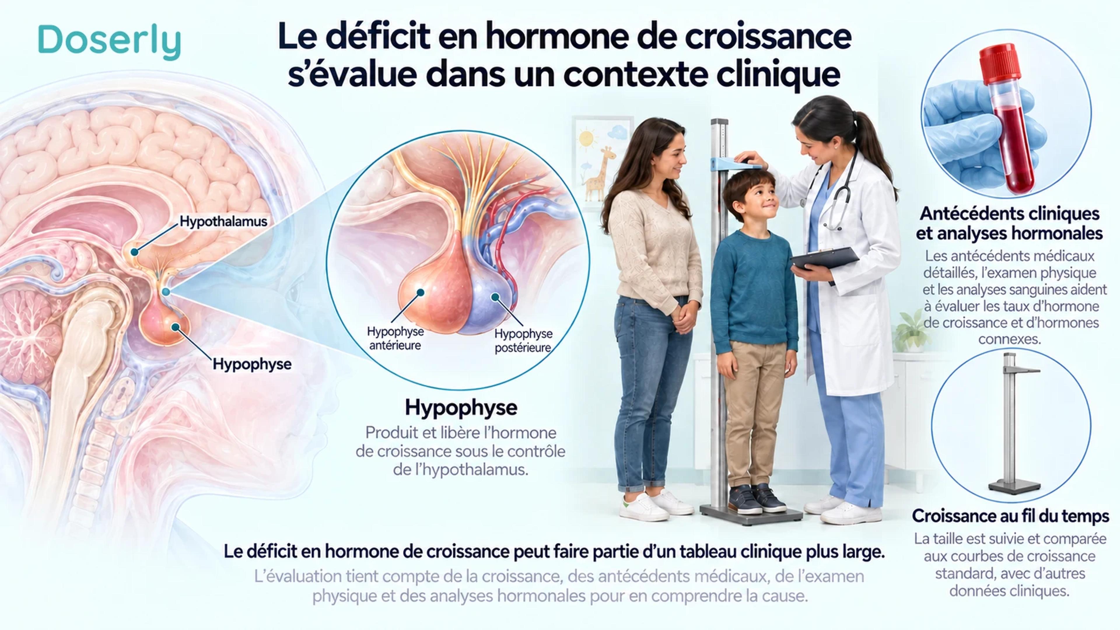 Anatomie de l’hypophyse à côté d’un enfant qui passe une évaluation clinique de sa croissance dans une ambiance calme.