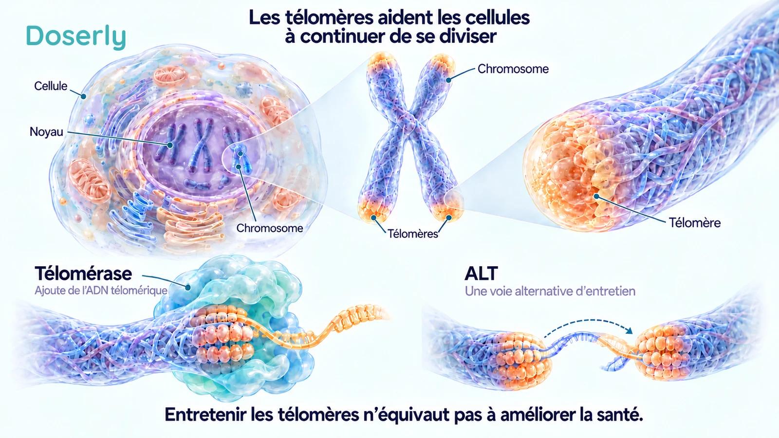 Une cellule, un noyau et un chromosome dont les extrémités télomériques sont agrandies, à côté de schémas de la télomérase et des processus alternatifs d’entretien des télomères.