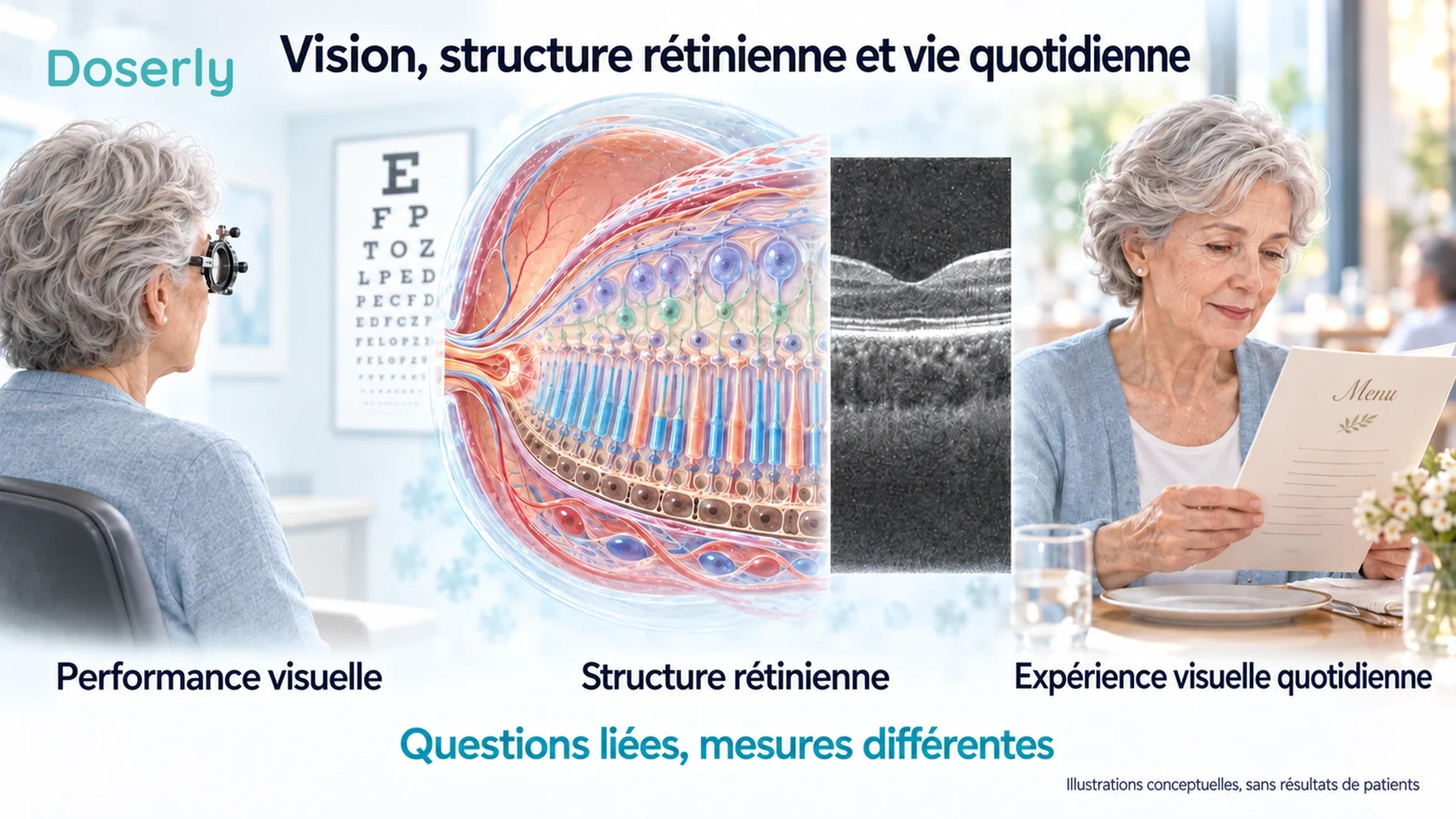 Trois scènes illustrées montrent un examen clinique de l’œil, du tissu rétinien près d’une image conceptuelle d’OCT et une femme âgée lisant un menu.