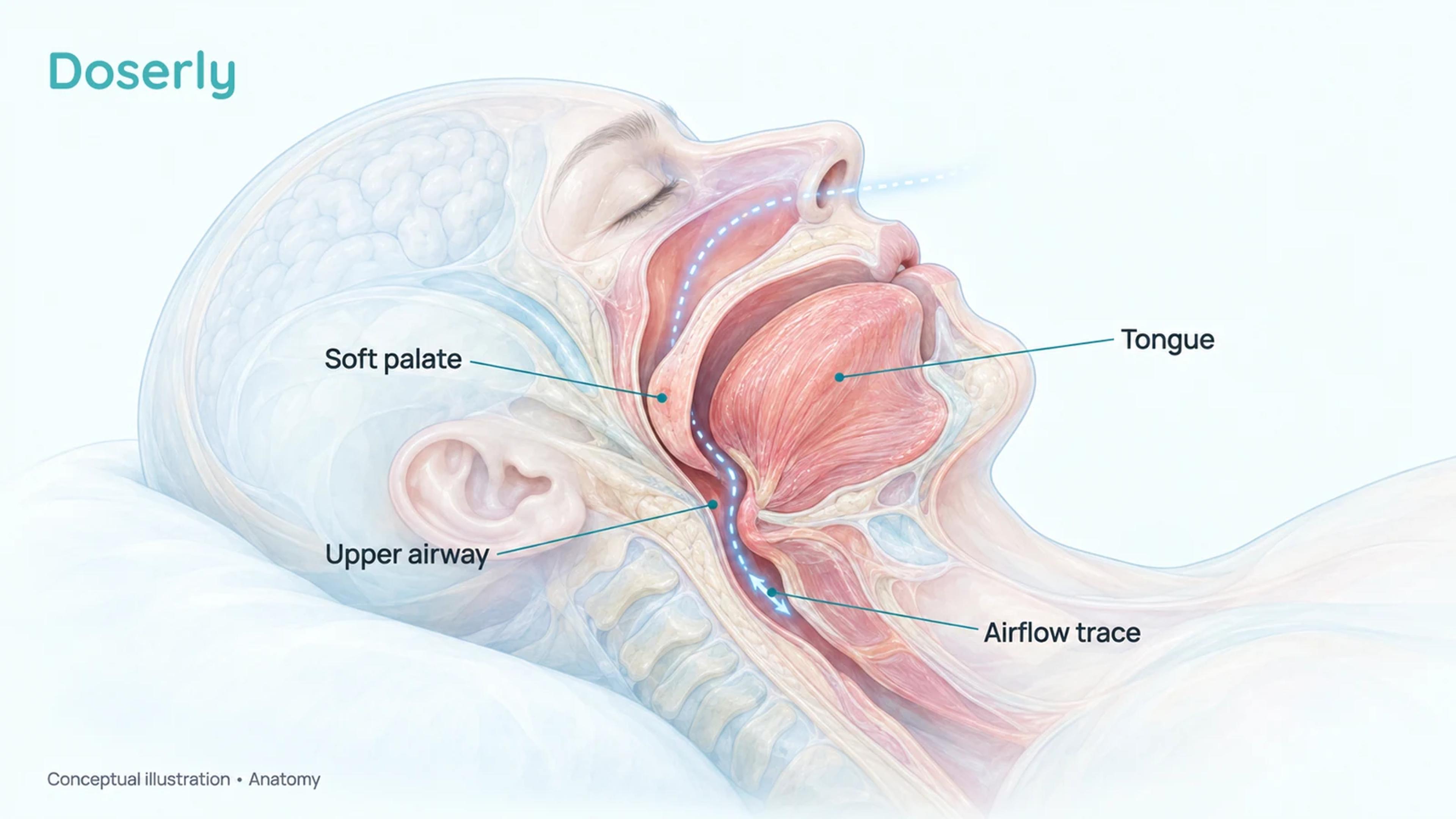 Sagittal head and neck illustration identifies the tongue, soft palate, upper airway and a conceptual airflow trace.