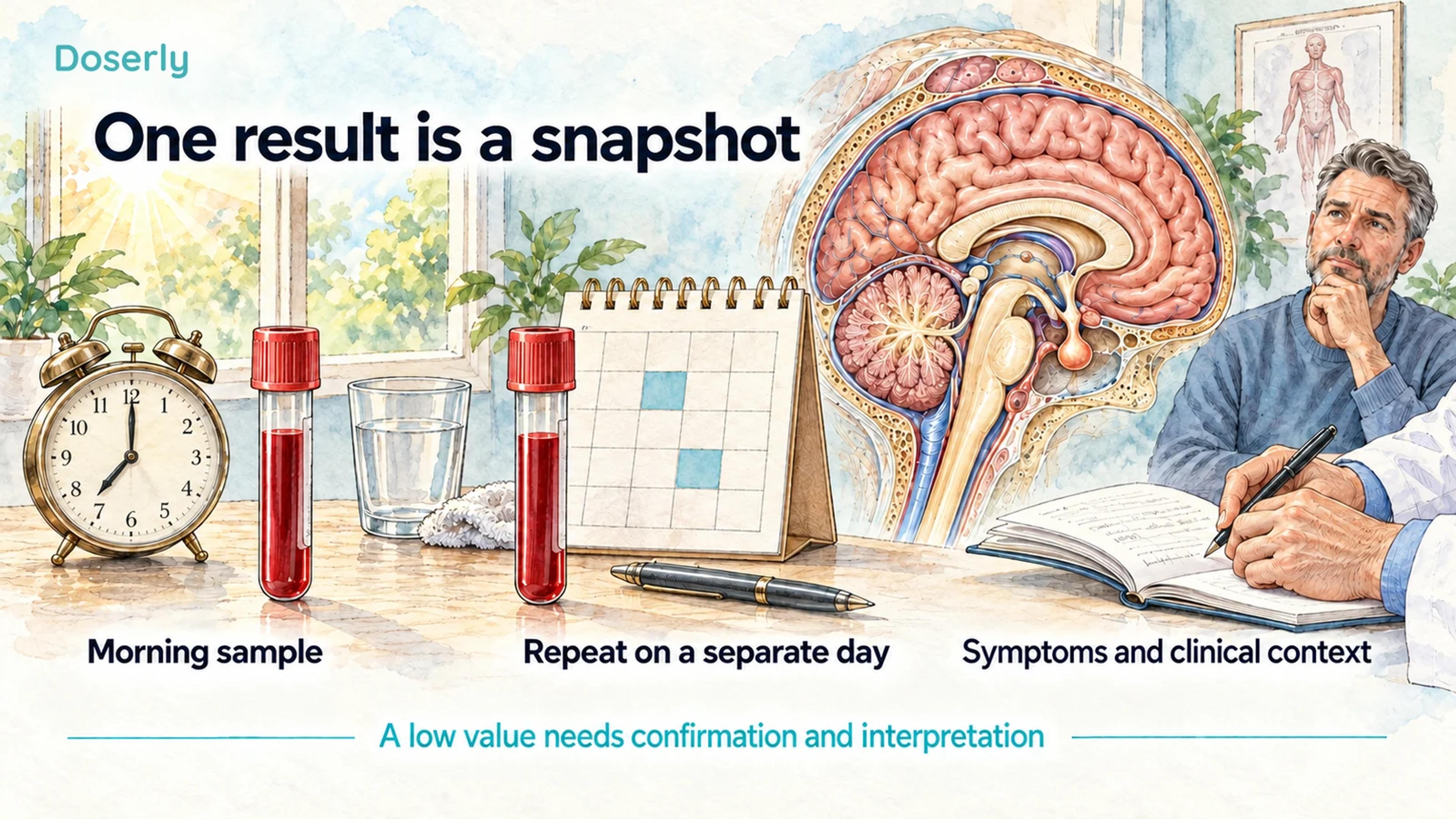 An illustrated morning clock, two blood samples on separate days, and clinical assessment show how a low result is confirmed and interpreted.