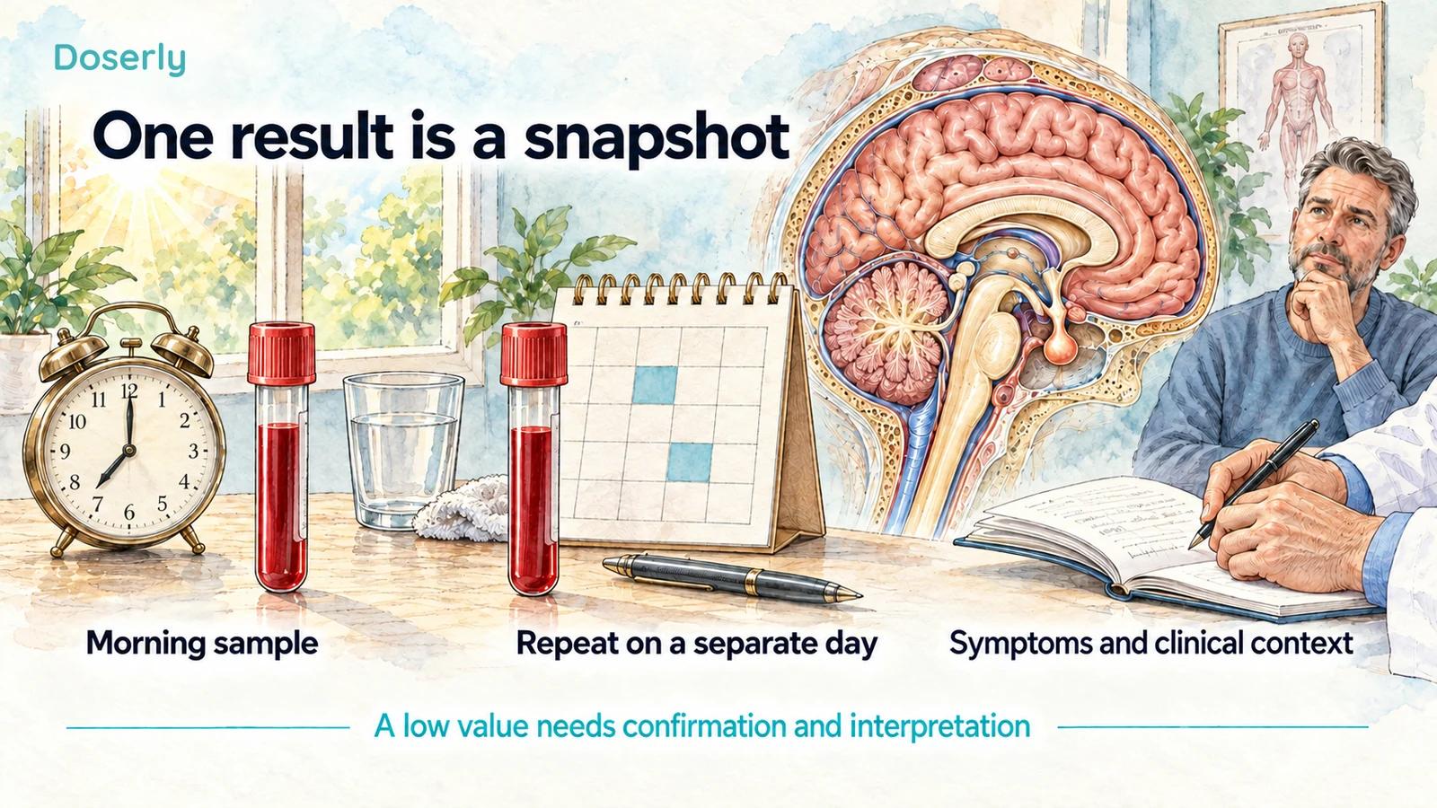 An illustrated morning clock, two blood samples on separate days, and clinical assessment show how a low result is confirmed and interpreted.