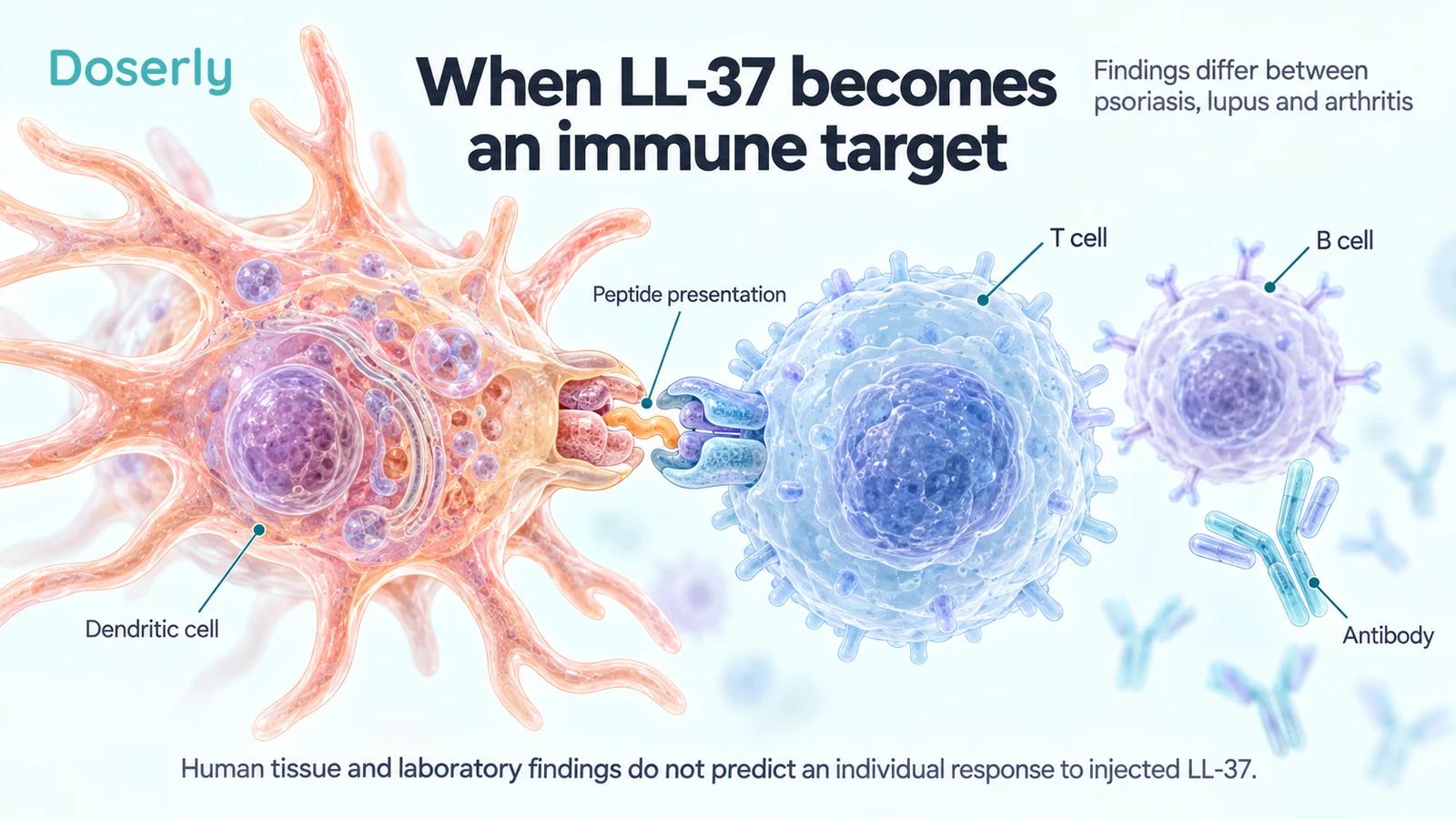 Detailed conceptual illustration of peptide presentation to a T cell, with a separate B cell and antibody.