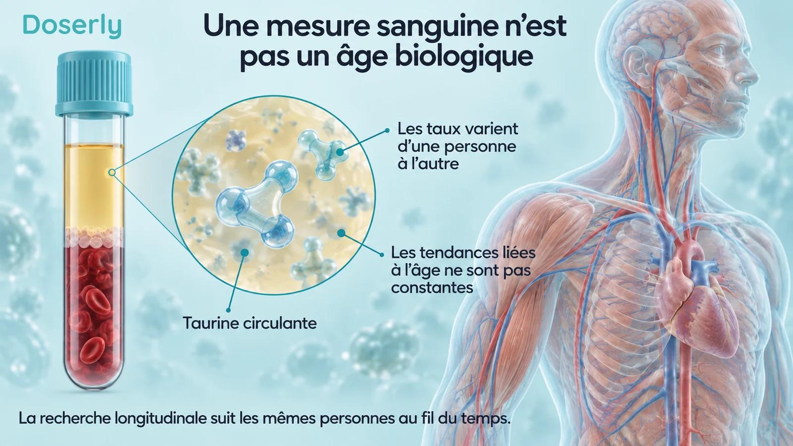 Échantillon sanguin et anatomie musculaire et vasculaire translucide expliquant la variabilité de la taurine circulante.