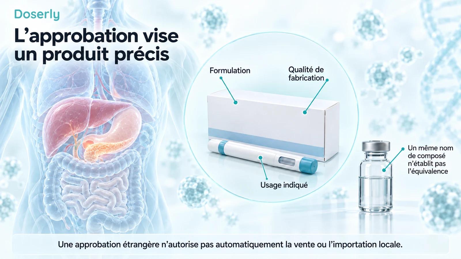Illustration anatomique détaillée à côté d’un emballage de médicament générique, d’un injecteur et d’une fiole, expliquant que l’approbation vise une formulation précise, une qualité de fabrication et un usage indiqué sur l’étiquette.