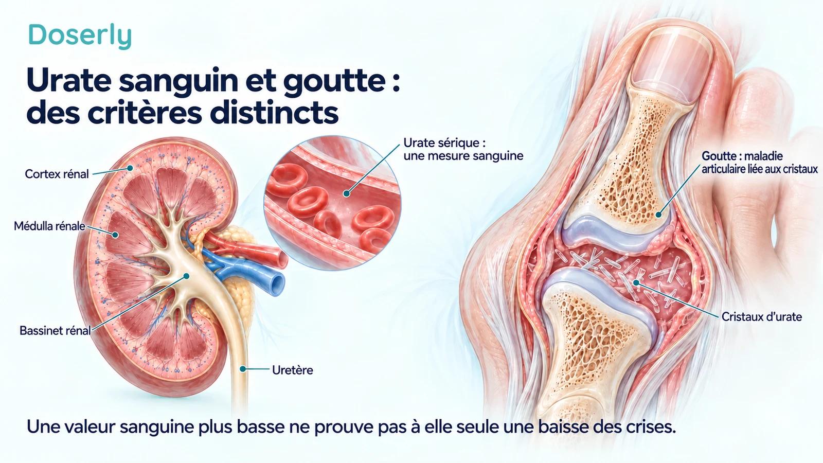 L’anatomie du rein, un encadré montrant un vaisseau sanguin et une coupe d’articulation d’orteil distinguent les mesures d’urate sérique dissous des cristaux d’urate déposés dans une articulation.