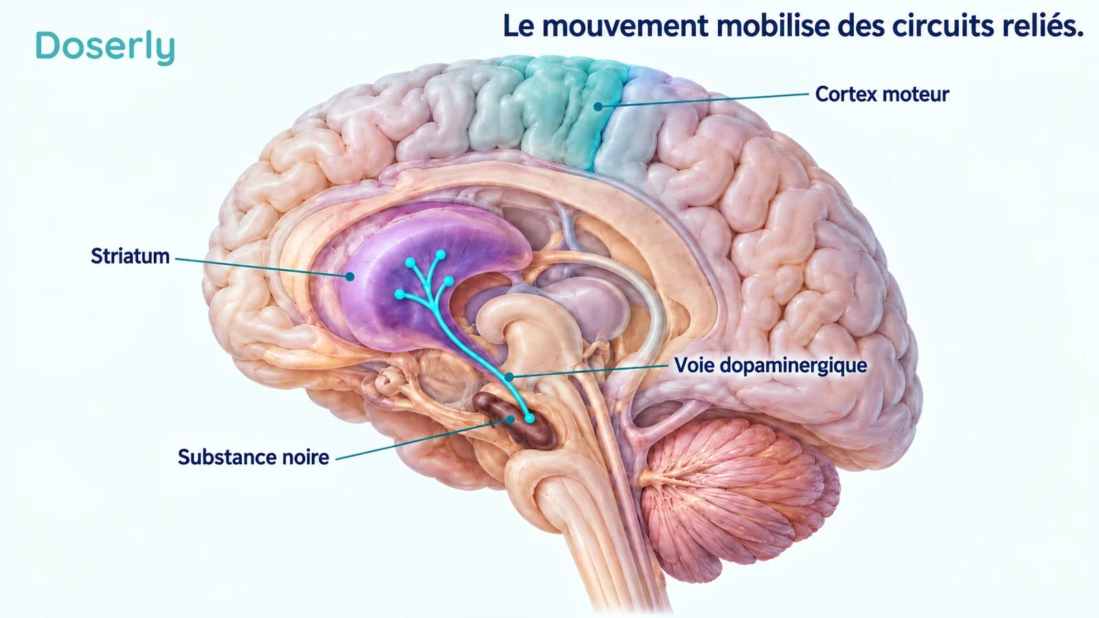 Coupe conceptuelle du cerveau situant la substance noire et le striatum dans un réseau moteur simplifié, sans faisceau de traitement ni allégation de restauration.