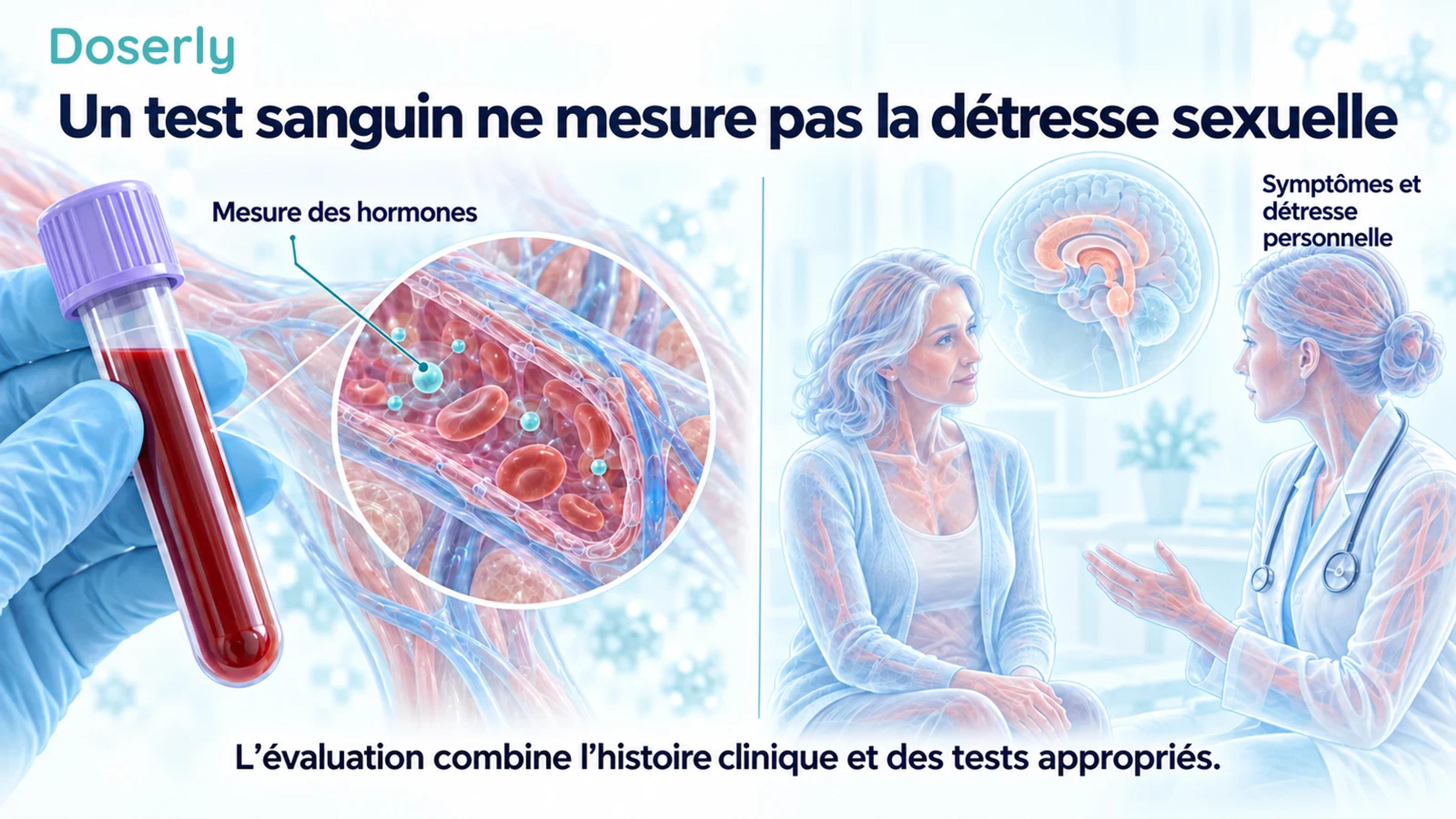 Échantillon de sang et vaisseau sanguin agrandi à côté d’une femme qui discute de ses symptômes avec un clinicien.