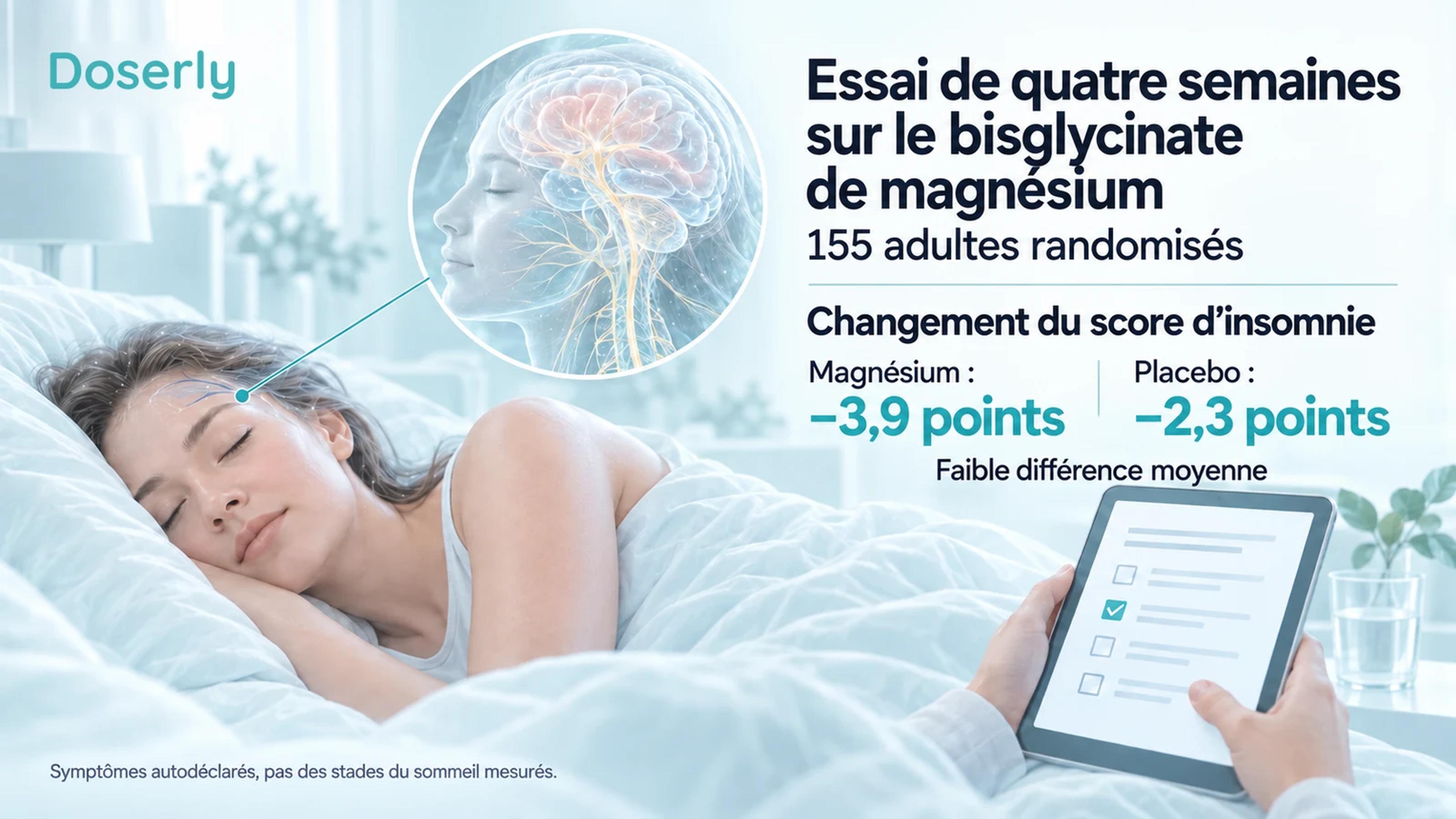 Un adulte endormi et un questionnaire accompagnent les résultats de l’essai de quatre semaines : les scores d’insomnie ont diminué de 3,9 points avec le magnésium et de 2,3 points avec le placebo.
