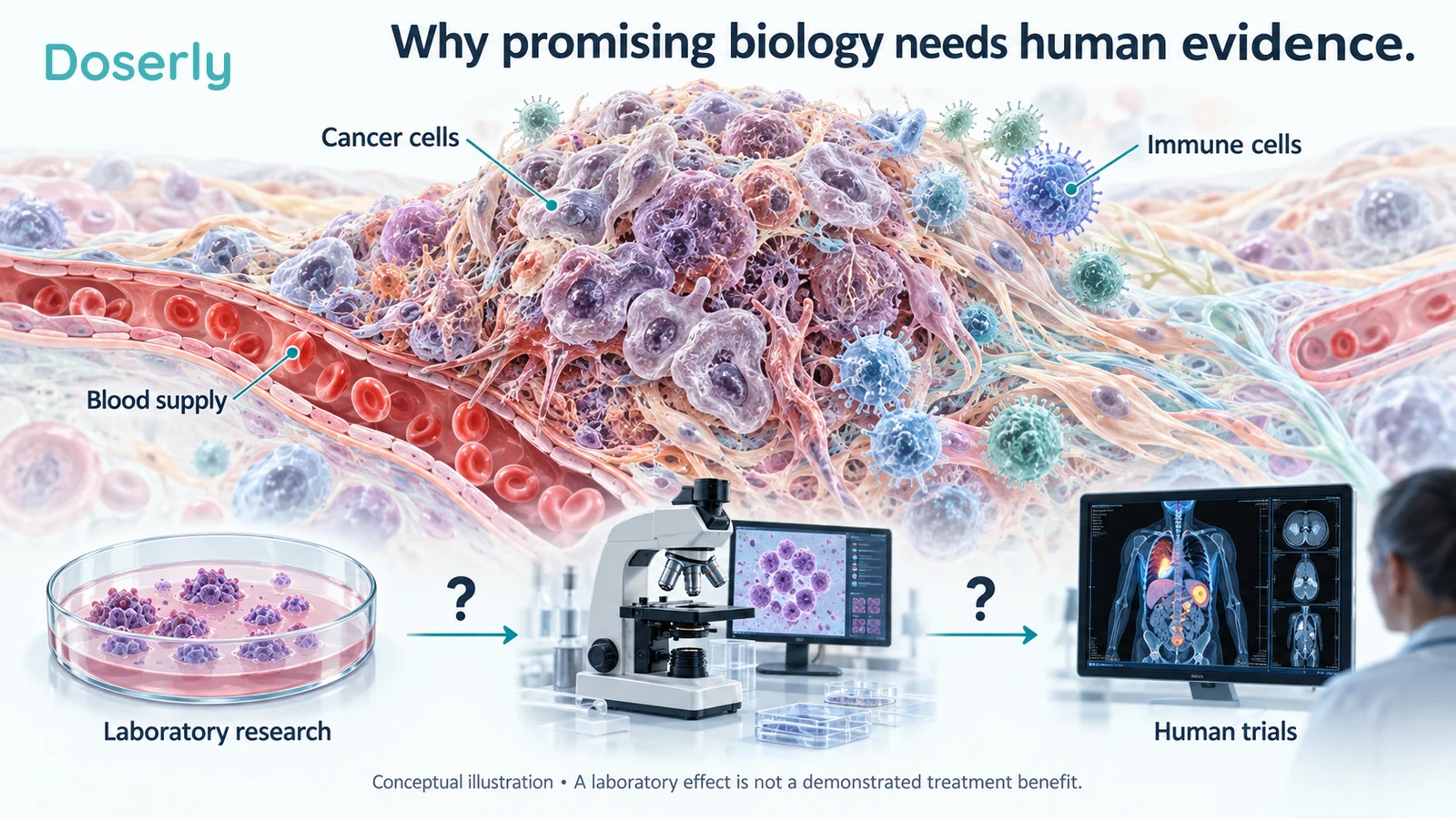 Conceptual illustration connecting tumor biology, laboratory experiments and clinical assessment, with question marks between research stages.